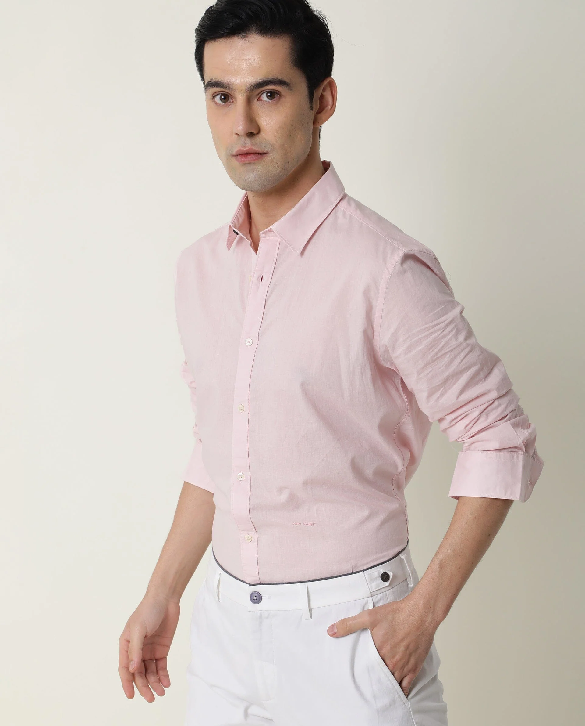 Rare Rabbit Men's Fullslee Pink Cotton Plain Tailored Fit Full Sleeve Collared Shirt