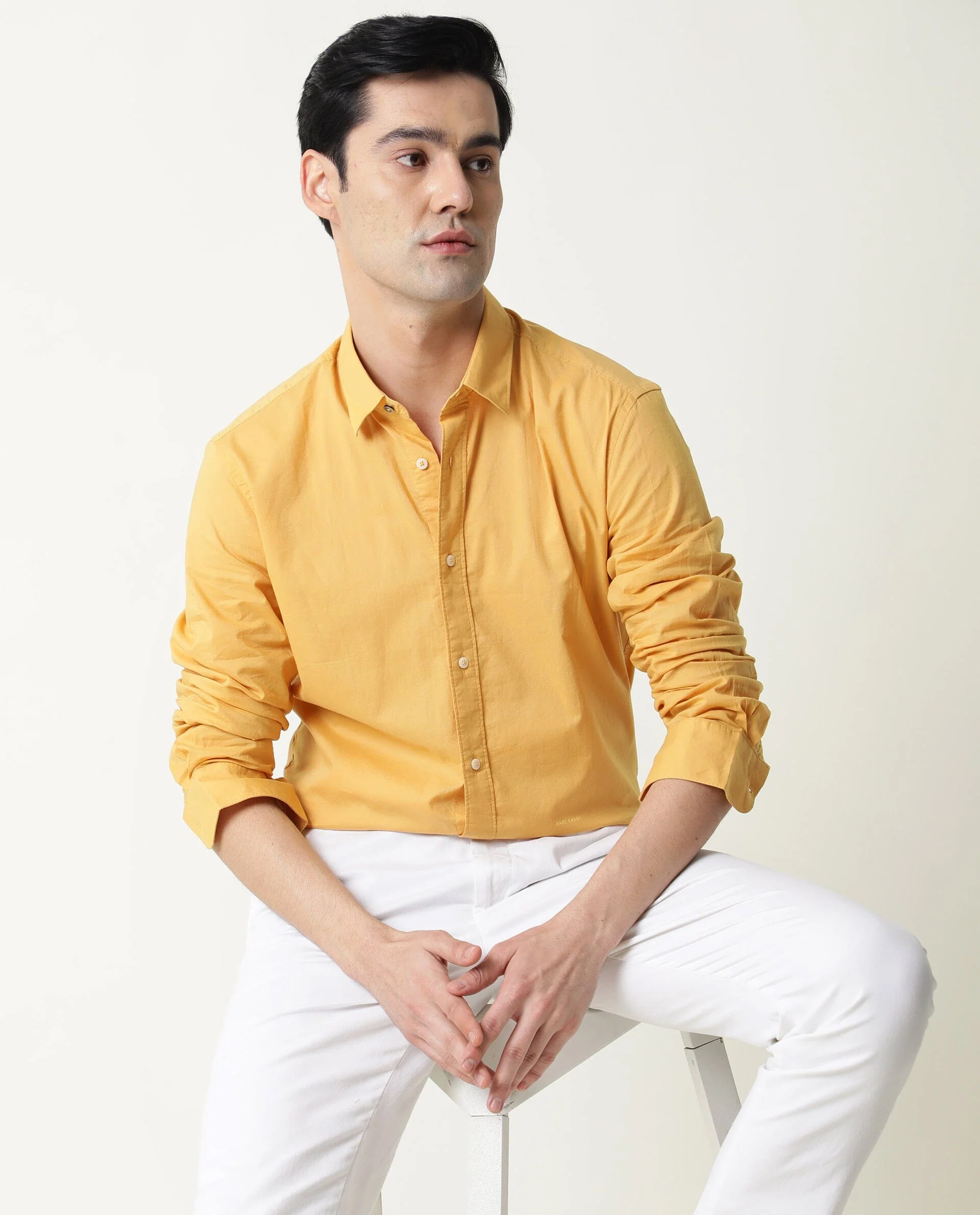 Rare Rabbit Men's Fullslee- Yellow Cotton Plain Tailored Fit Full Sleeve Collared Shirt