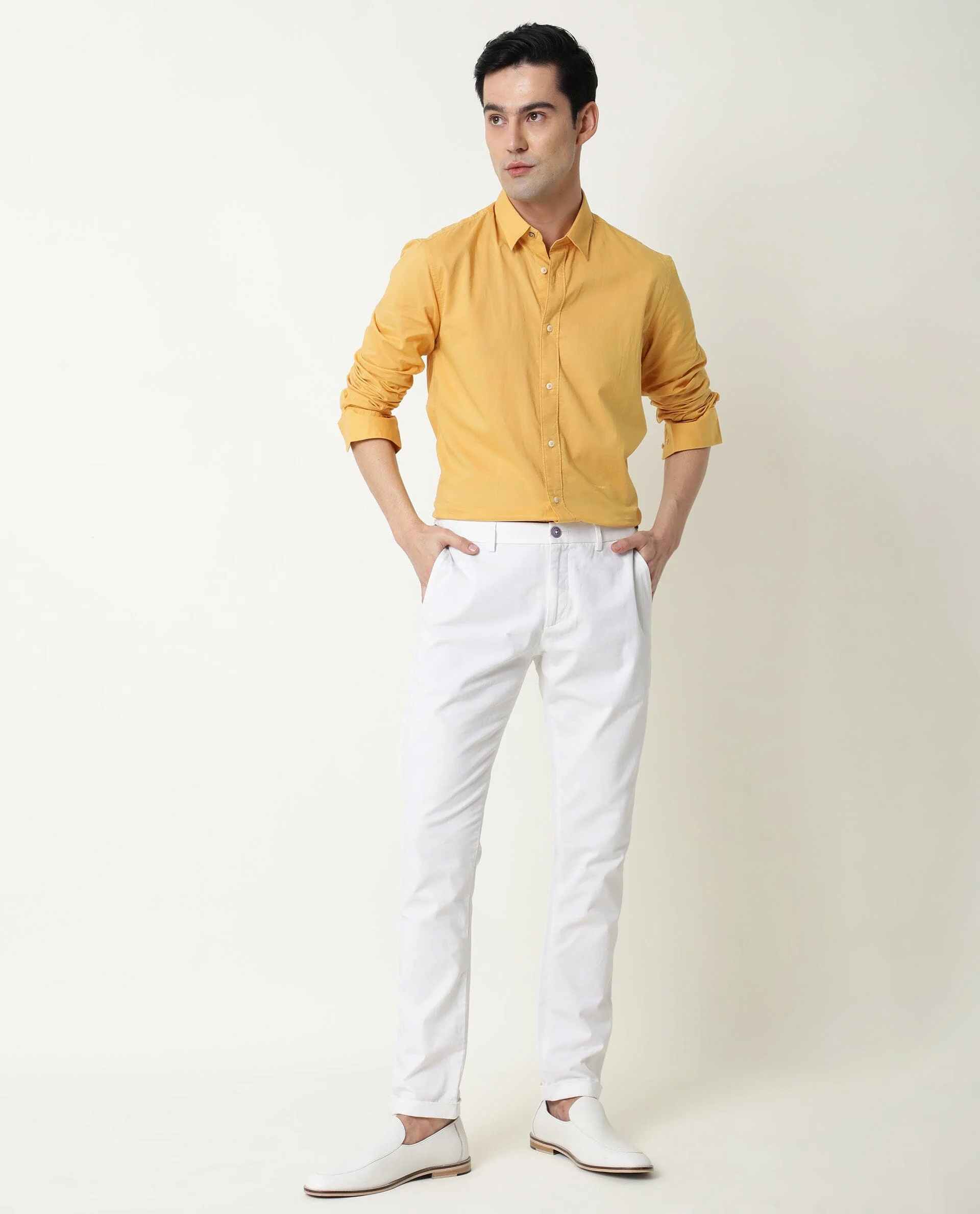 Rare Rabbit Men's Fullslee- Yellow Cotton Plain Tailored Fit Full Sleeve Collared Shirt - Image 2