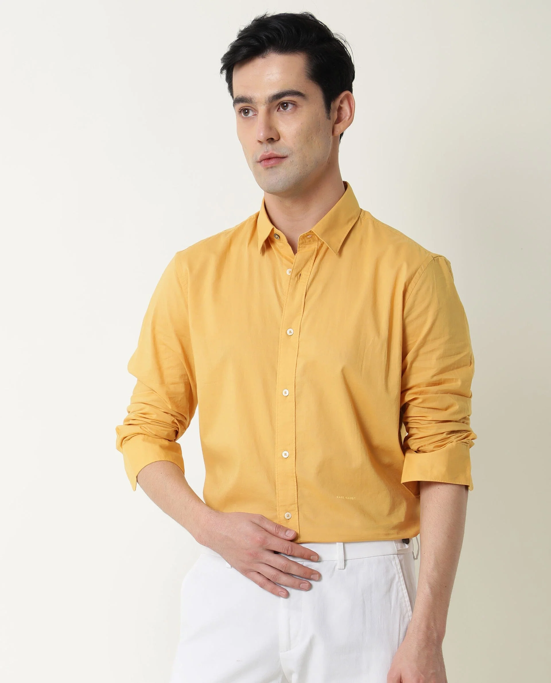 Rare Rabbit Men's Fullslee- Yellow Cotton Plain Tailored Fit Full Sleeve Collared Shirt - Image 3
