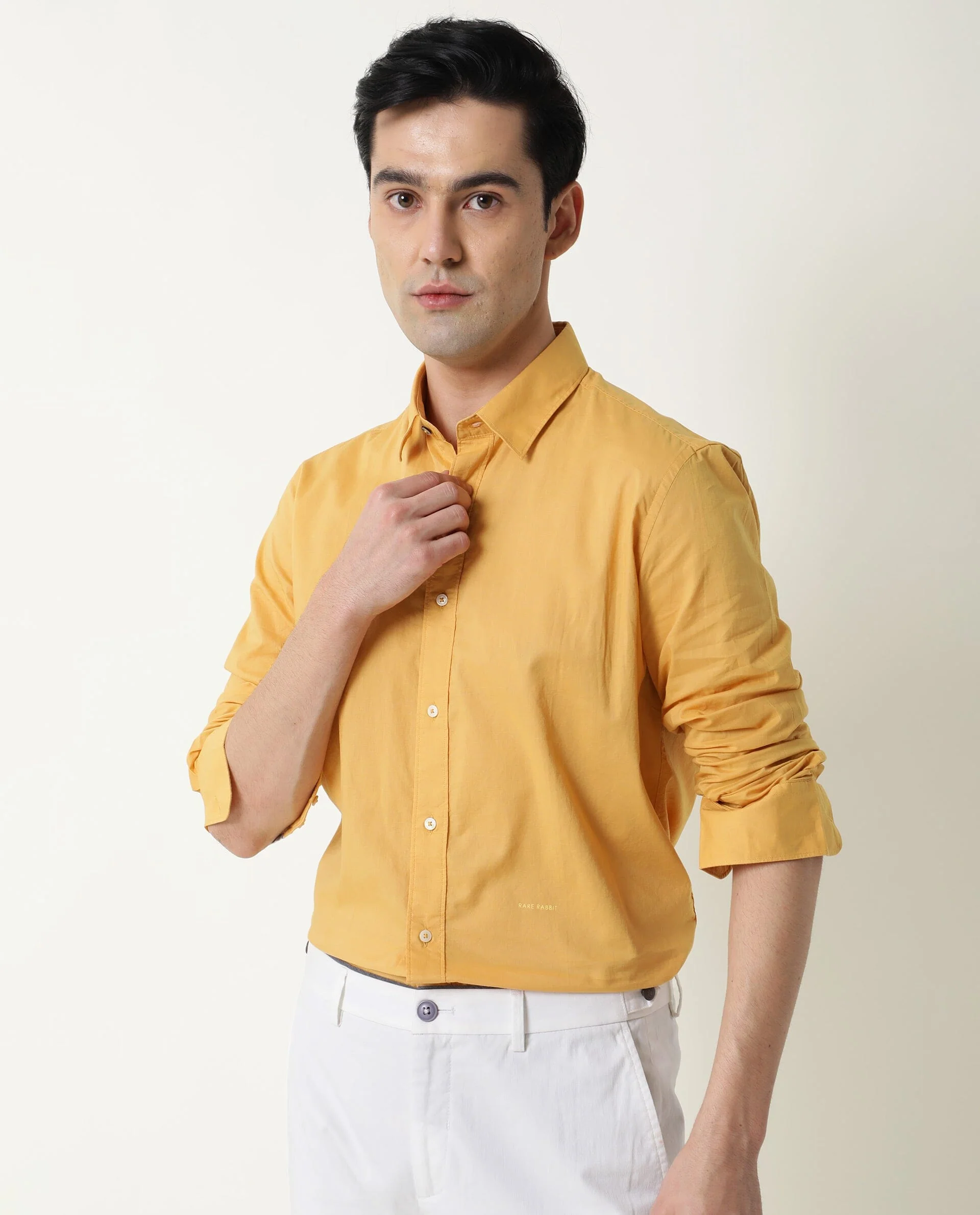 Rare Rabbit Men's Fullslee- Yellow Cotton Plain Tailored Fit Full Sleeve Collared Shirt - Image 5