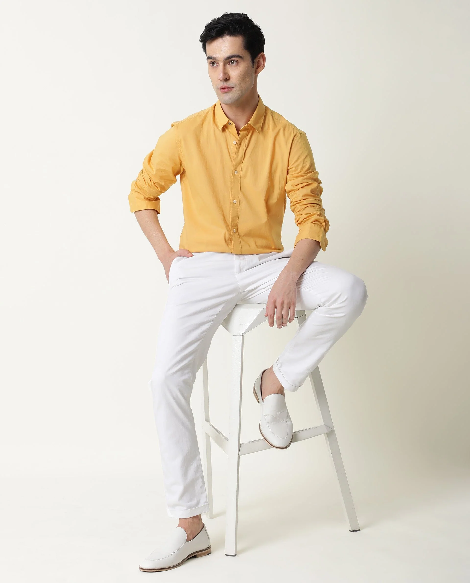Rare Rabbit Men's Fullslee- Yellow Cotton Plain Tailored Fit Full Sleeve Collared Shirt - Image 8