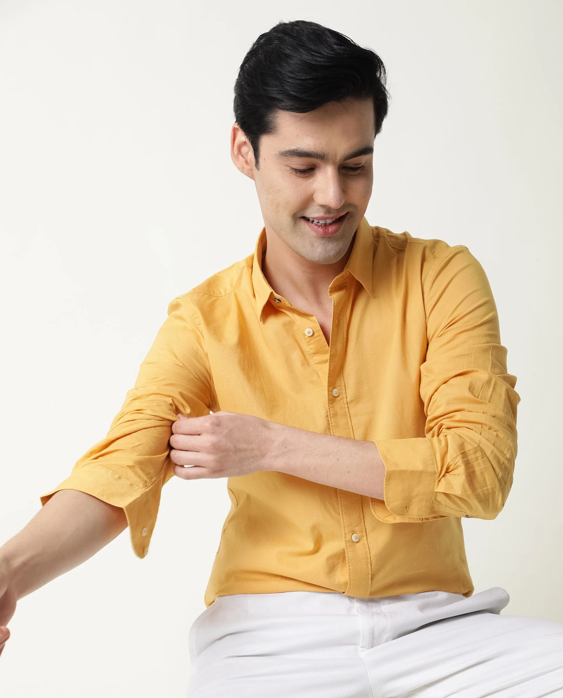 Rare Rabbit Men's Fullslee- Yellow Cotton Plain Tailored Fit Full Sleeve Collared Shirt - Image 9