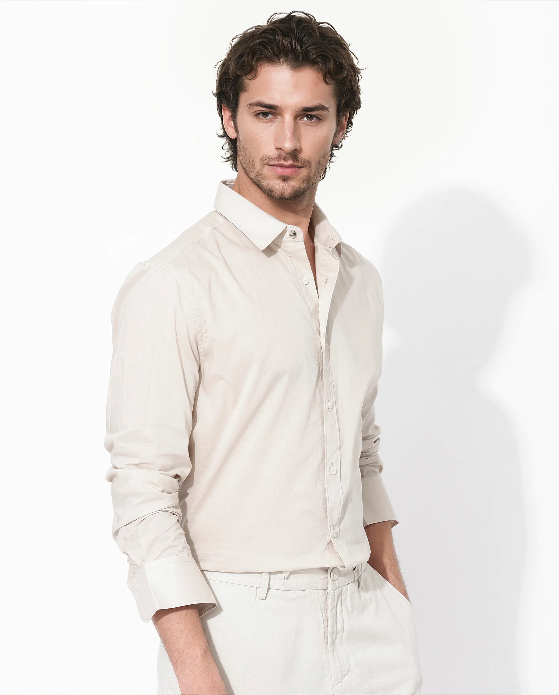 Rare Rabbit Men's Fullsleen Beige Cotton Plain Regular Fit Full Sleeve Collared Shirt - Image 3