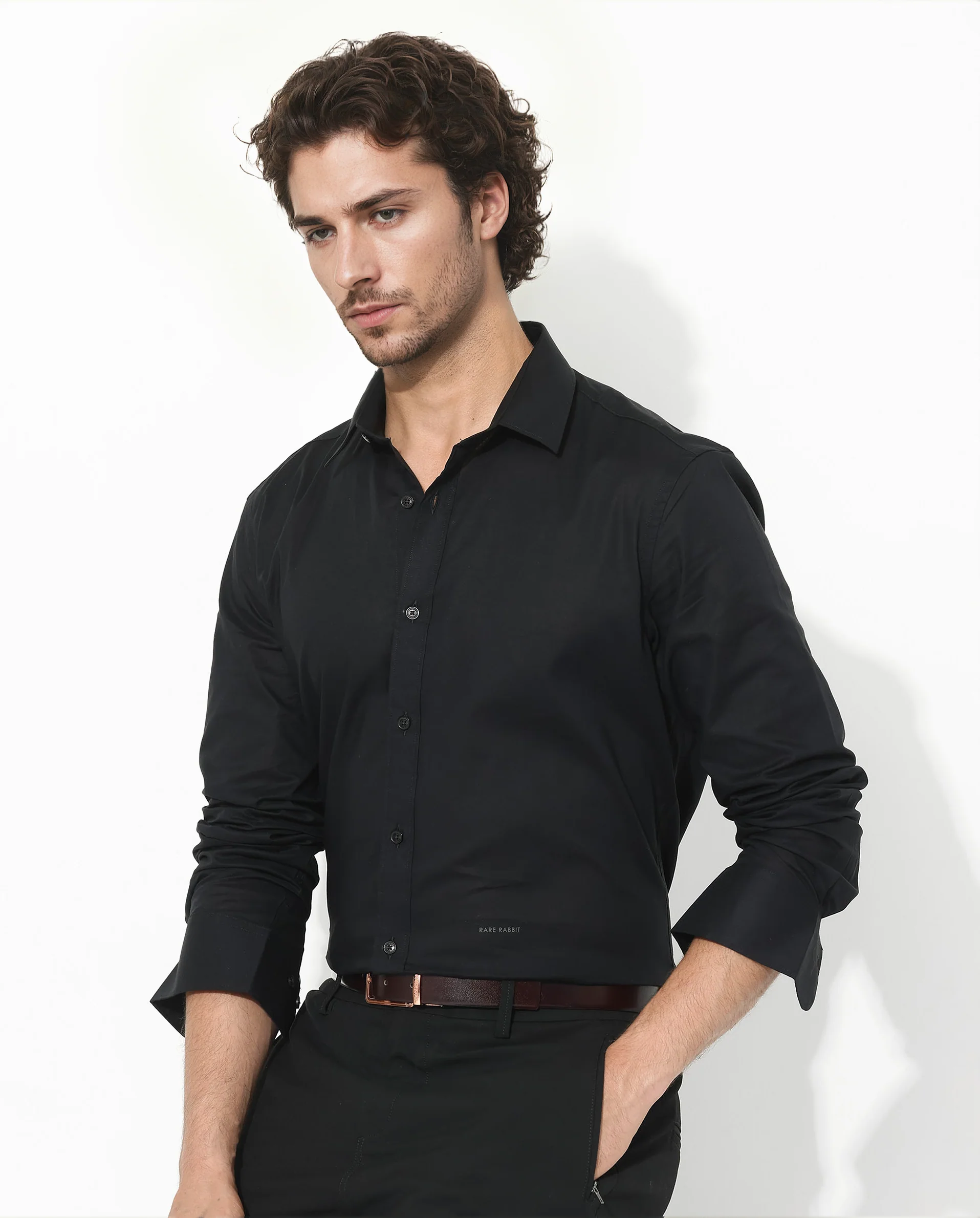 Rare Rabbit Men's Fullsleen Black Cotton Plain Regular Fit Full Sleeve Collared Shirt - Image 5