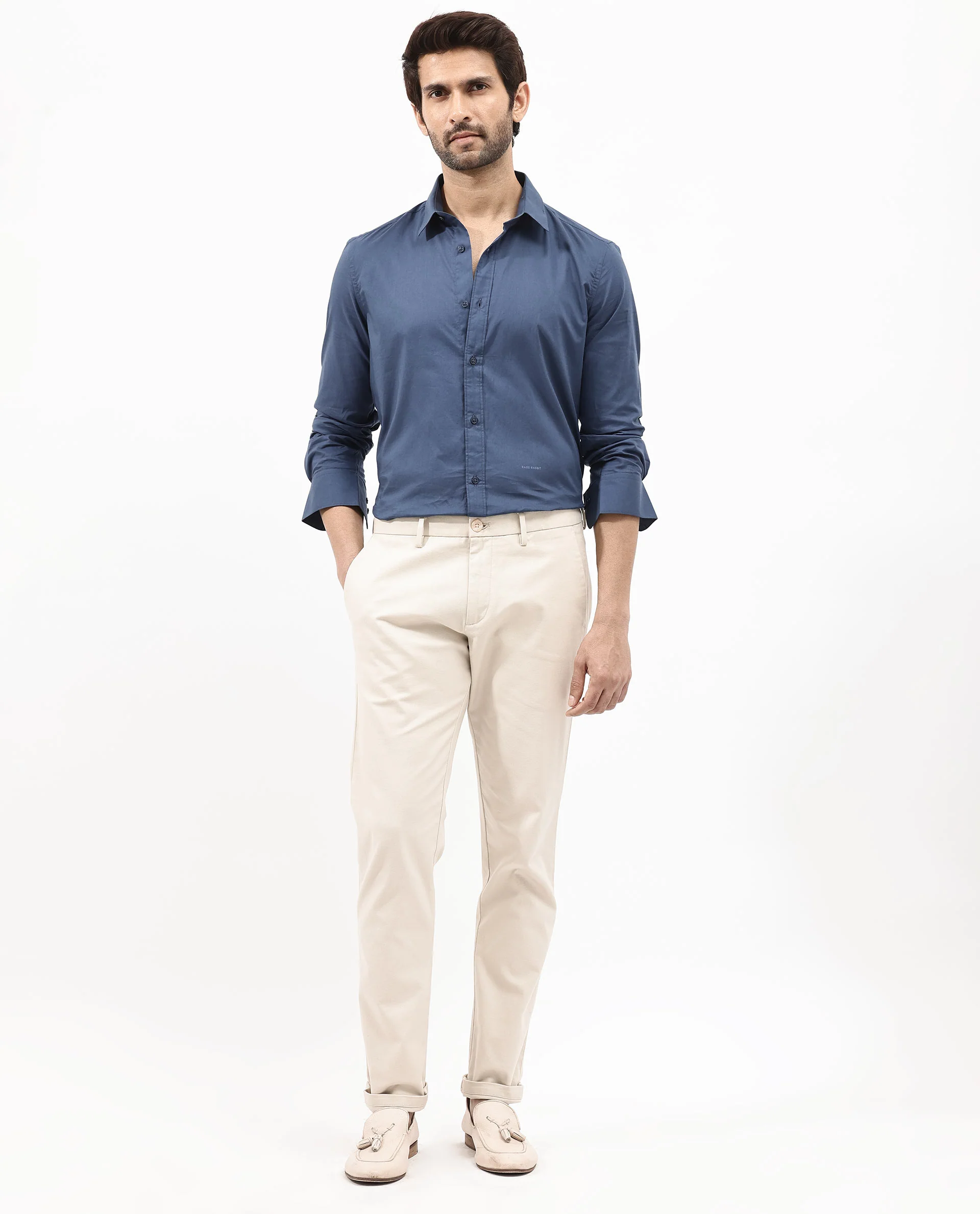 Rare Rabbit Men's Fullsleen Dark Blue Cotton Plain Regular Fit Full Sleeve Collared Shirt - Image 2