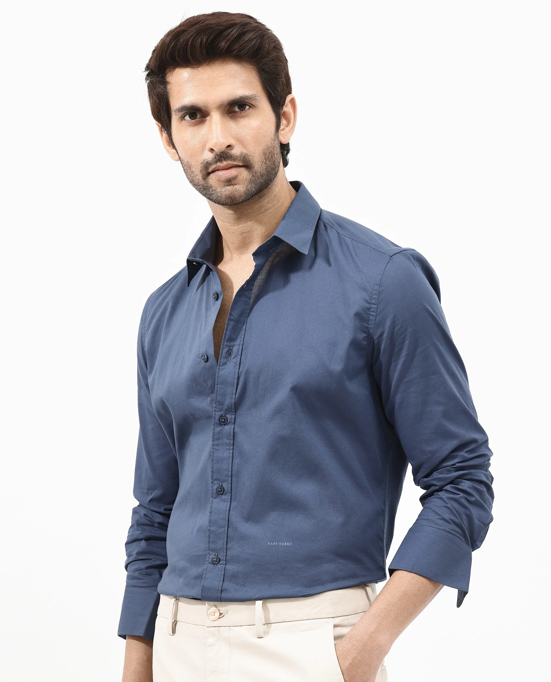 Rare Rabbit Men's Fullsleen Dark Blue Cotton Plain Regular Fit Full Sleeve Collared Shirt - Image 3