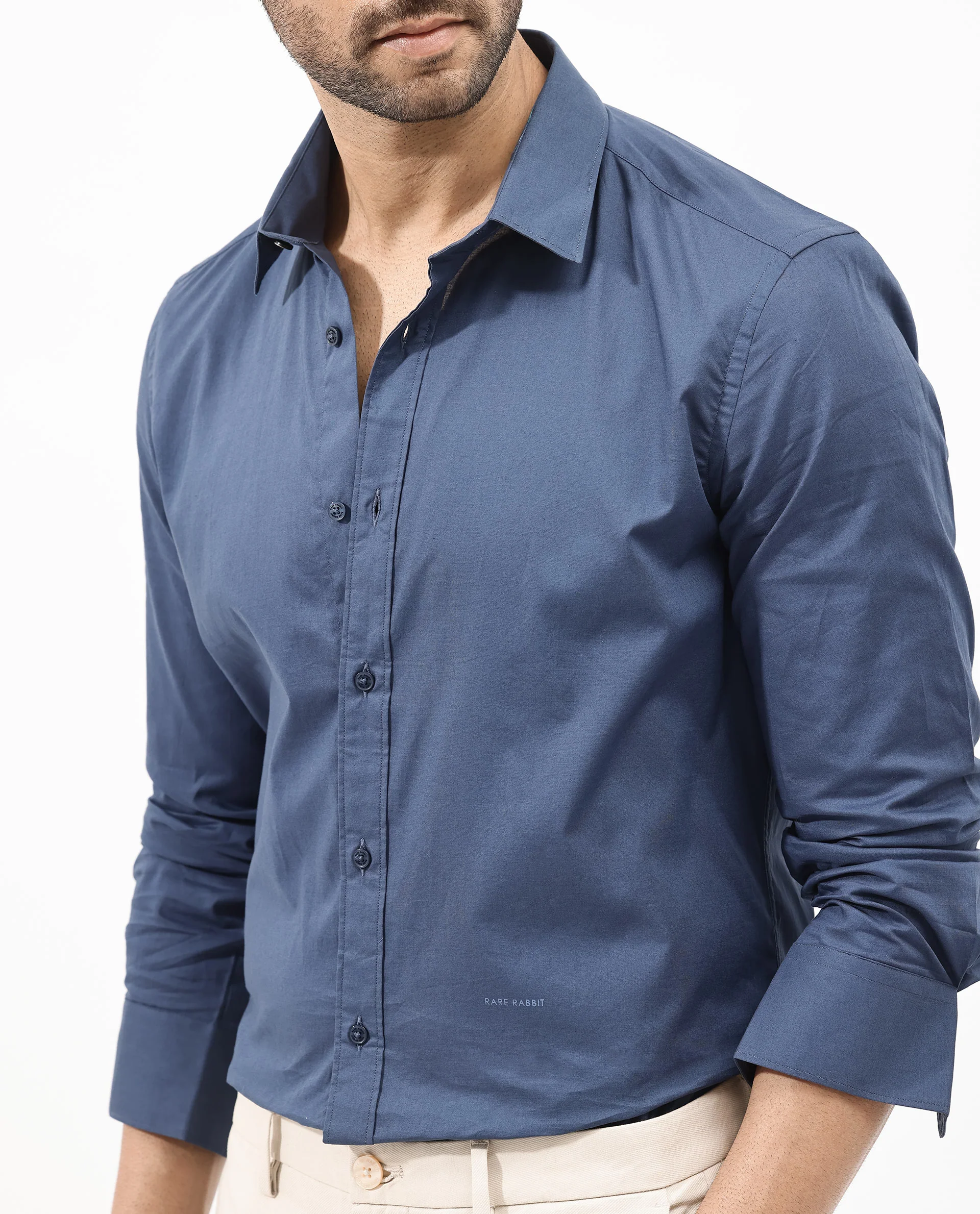 Rare Rabbit Men's Fullsleen Dark Blue Cotton Plain Regular Fit Full Sleeve Collared Shirt - Image 4
