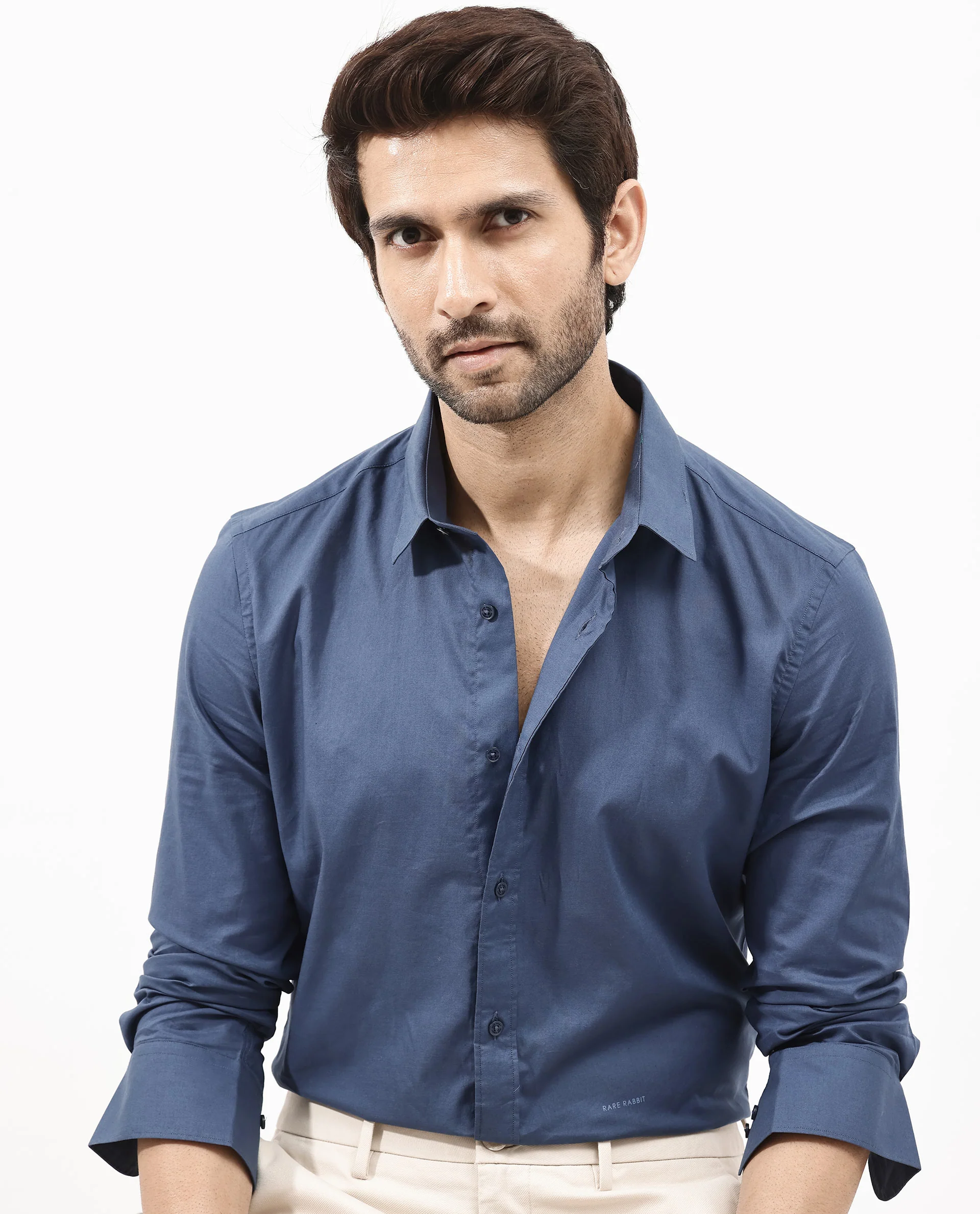 Rare Rabbit Men's Fullsleen Dark Blue Cotton Plain Regular Fit Full Sleeve Collared Shirt - Image 6