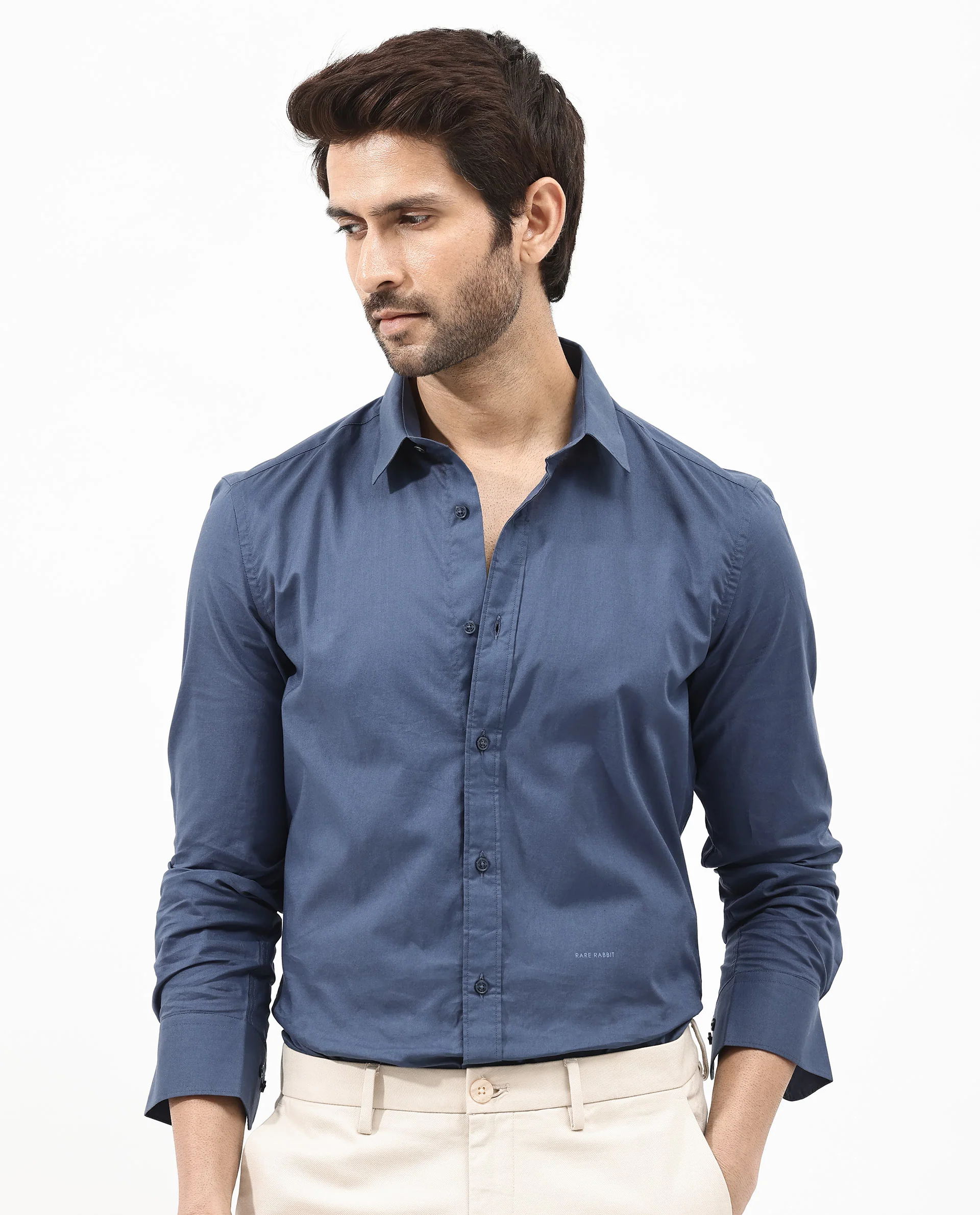 Rare Rabbit Men's Fullsleen Dark Blue Cotton Plain Regular Fit Full Sleeve Collared Shirt - Image 9
