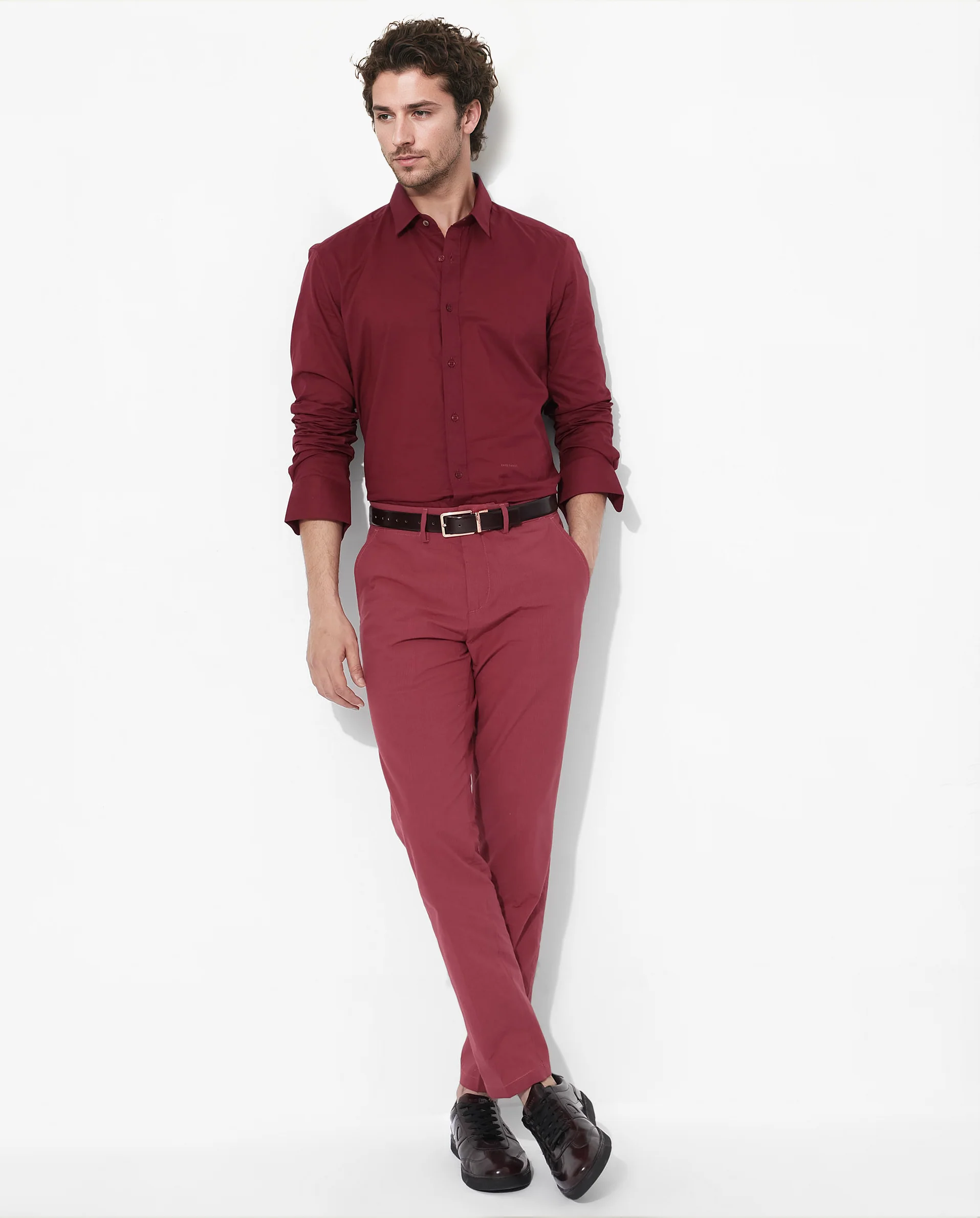 Rare Rabbit Men's Fullsleen Dark Red Cotton Plain Regular Fit Full Sleeve Collared Shirt - Image 2