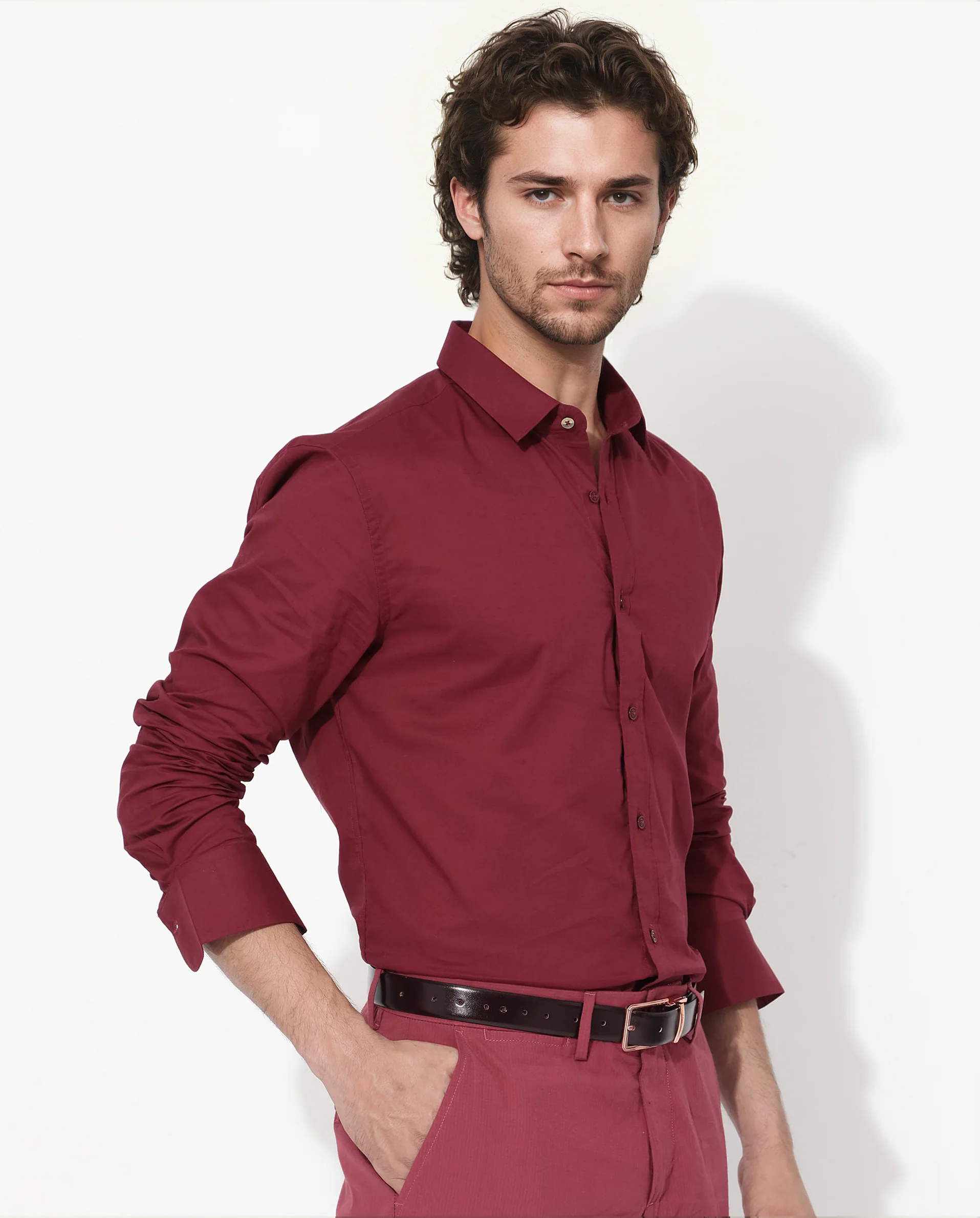 Rare Rabbit Men's Fullsleen Dark Red Cotton Plain Regular Fit Full Sleeve Collared Shirt - Image 3