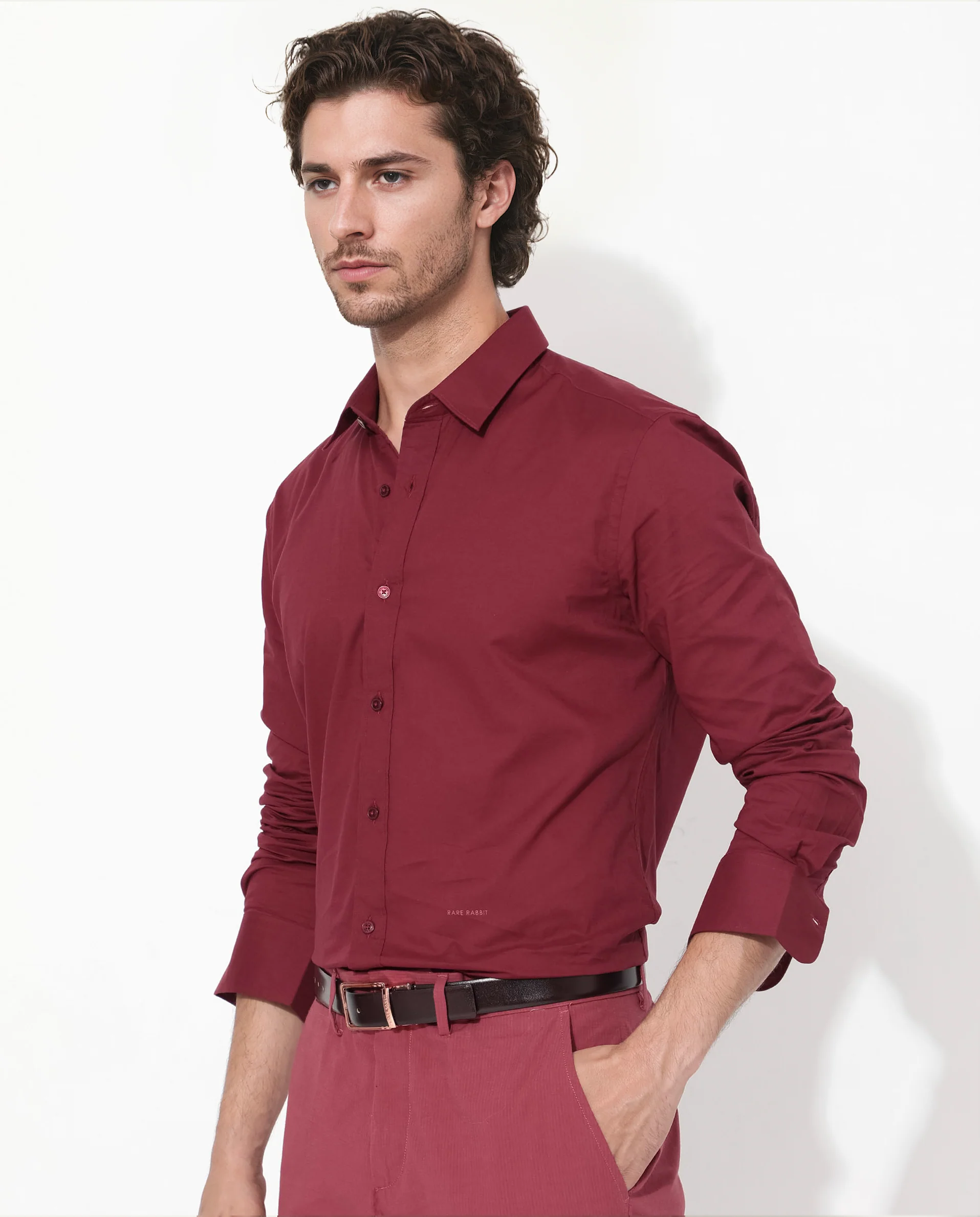 Rare Rabbit Men's Fullsleen Dark Red Cotton Plain Regular Fit Full Sleeve Collared Shirt - Image 6