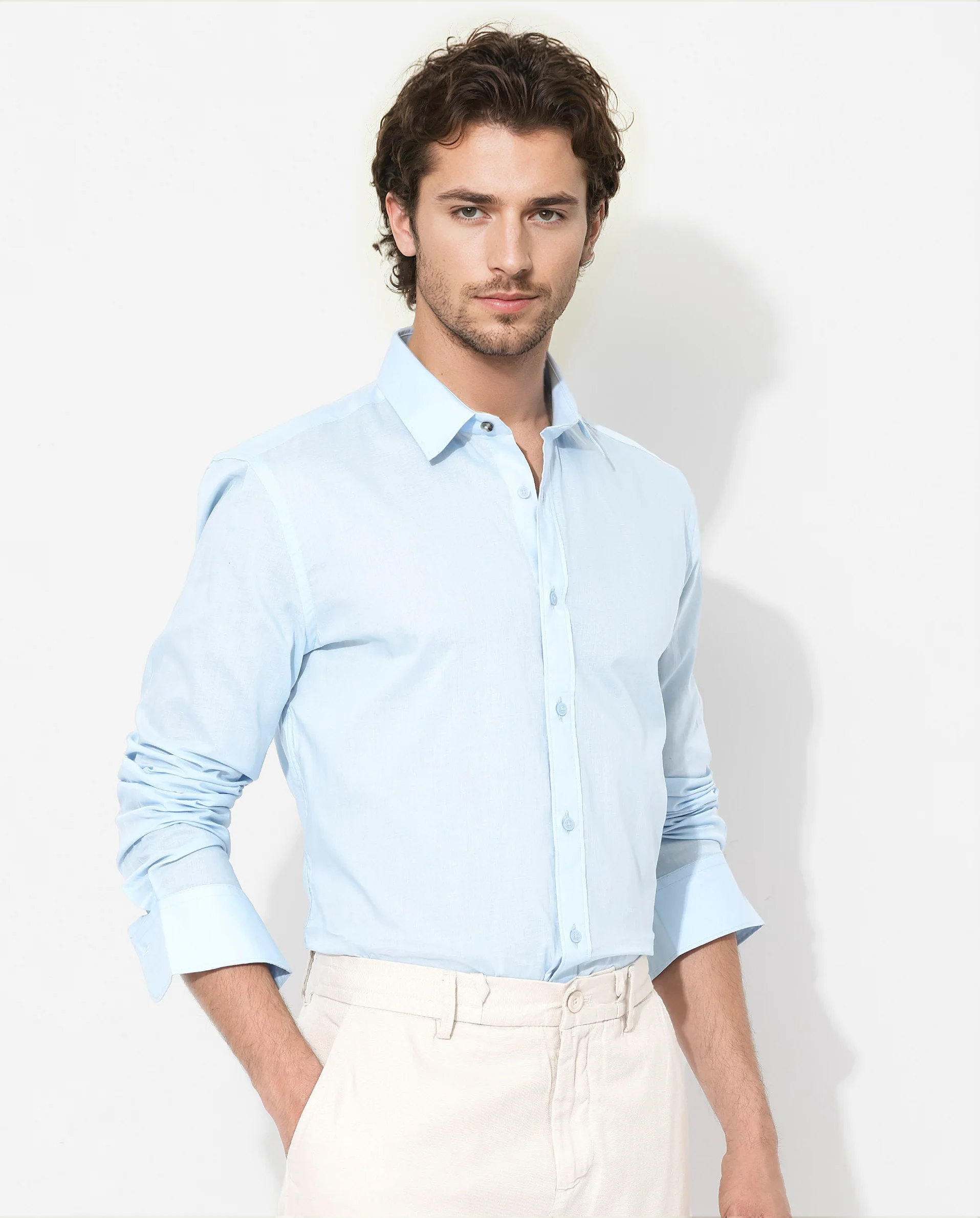 Rare Rabbit Men's Fullsleen Pastel Blue Cotton Plain Regular Fit Full Sleeve Collared Shirt - Image 3