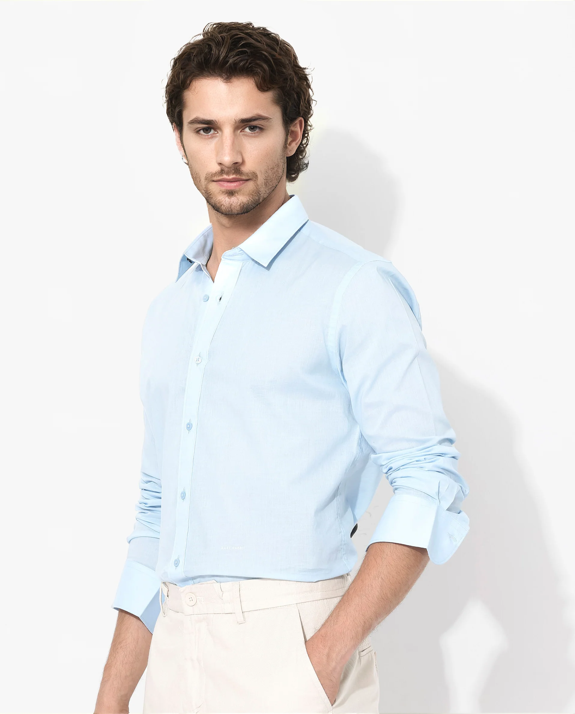 Rare Rabbit Men's Fullsleen Pastel Blue Cotton Plain Regular Fit Full Sleeve Collared Shirt - Image 5