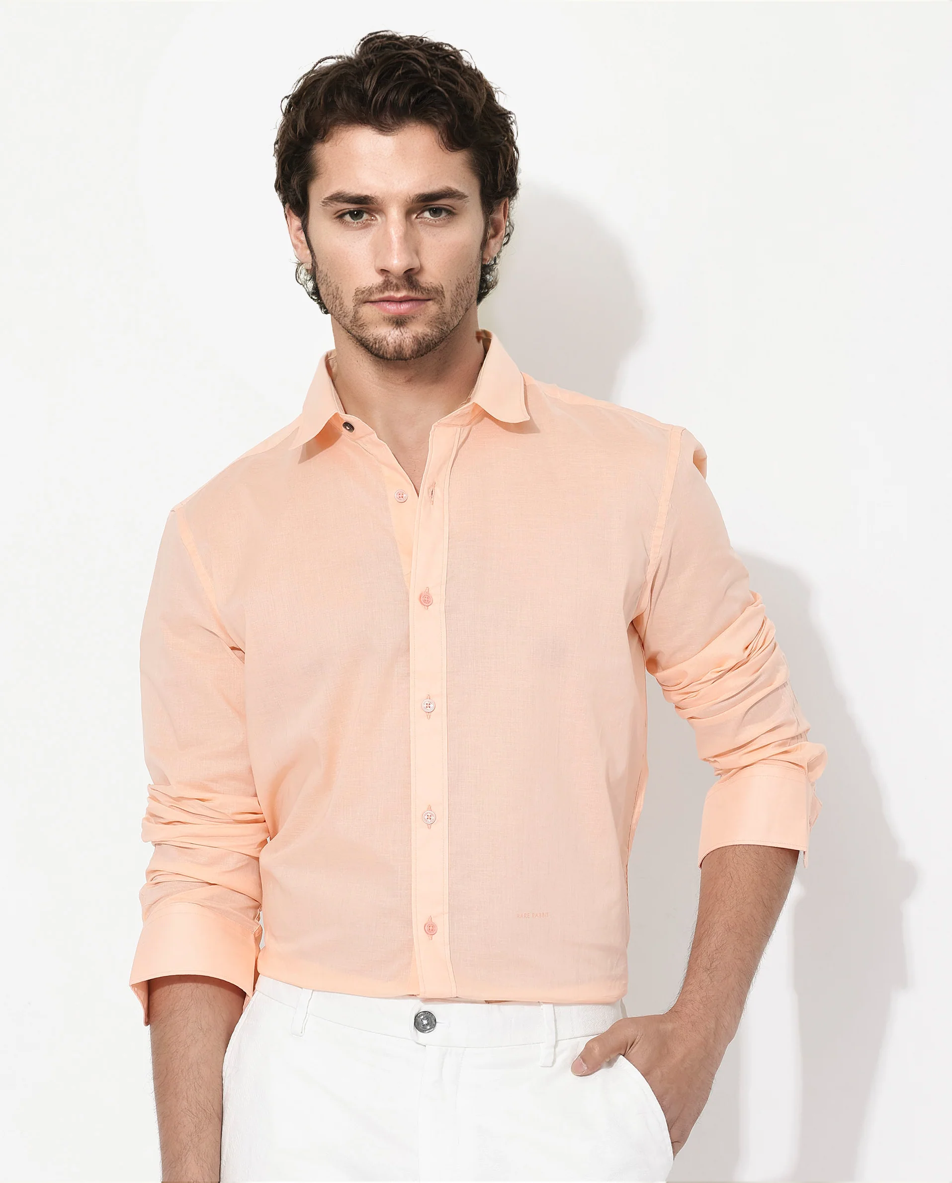 Rare Rabbit Men's Fullsleen Pastel Orange Cotton Plain Regular Fit Full Sleeve Collared Shirt
