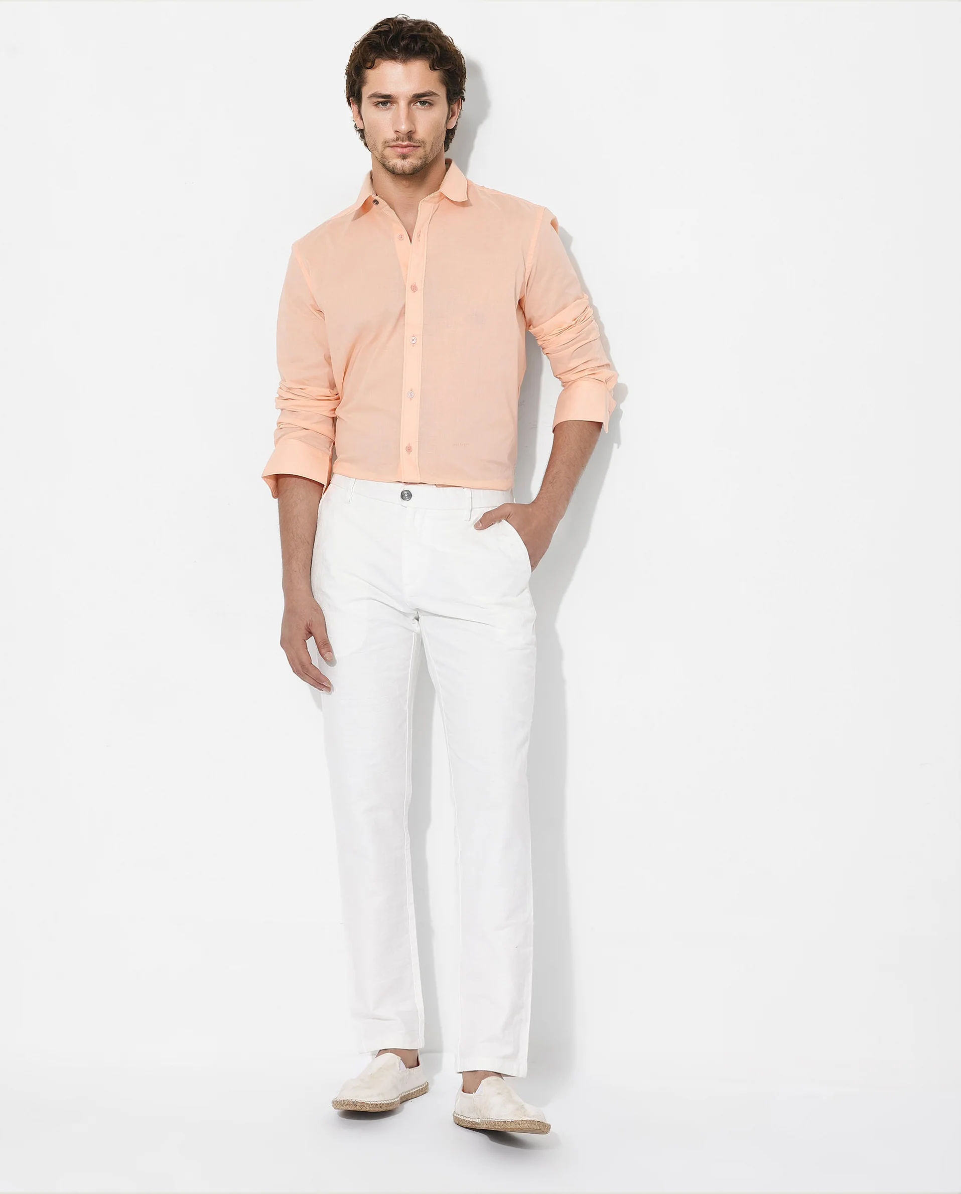 Rare Rabbit Men's Fullsleen Pastel Orange Cotton Plain Regular Fit Full Sleeve Collared Shirt - Image 2