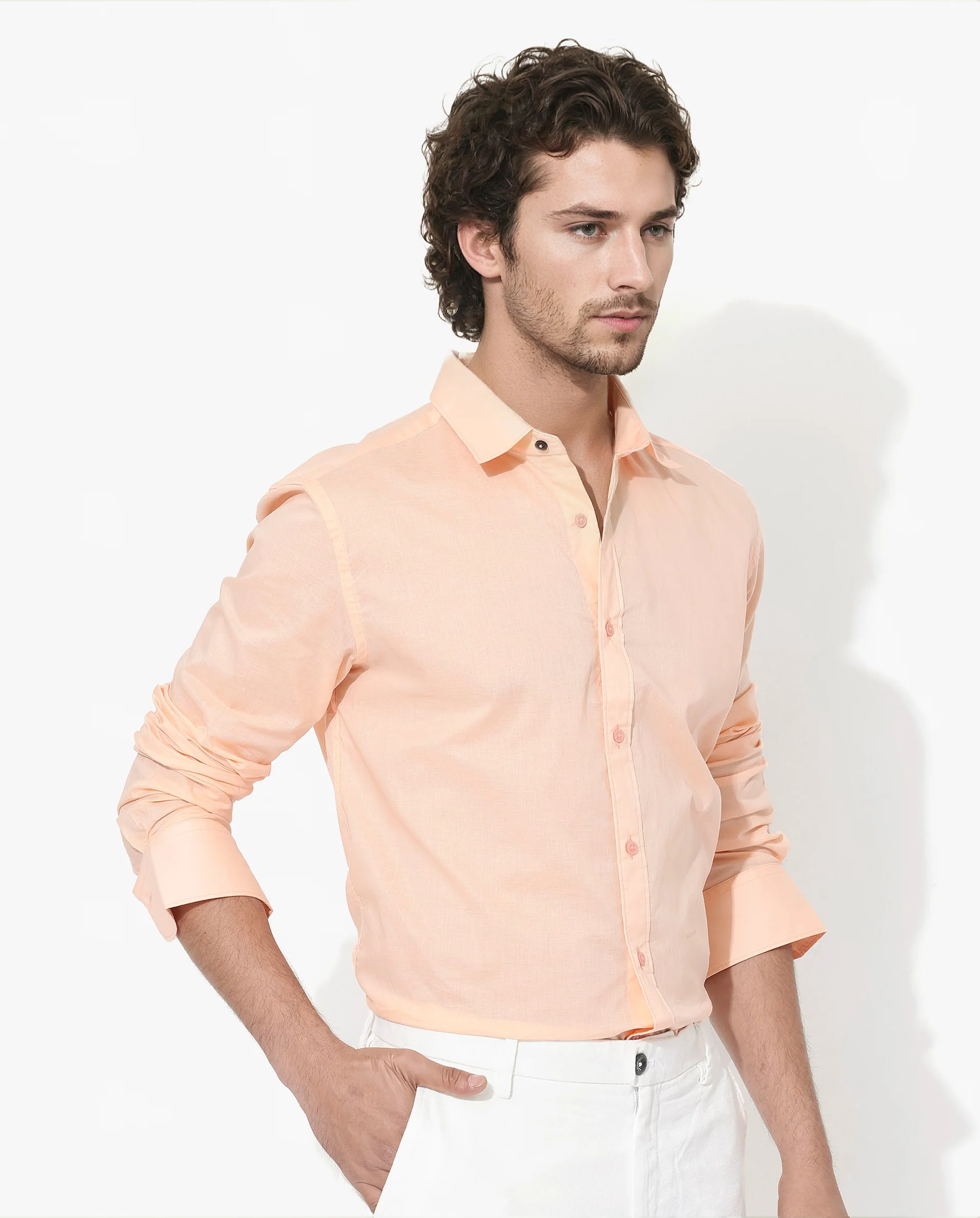 Rare Rabbit Men's Fullsleen Pastel Orange Cotton Plain Regular Fit Full Sleeve Collared Shirt - Image 3