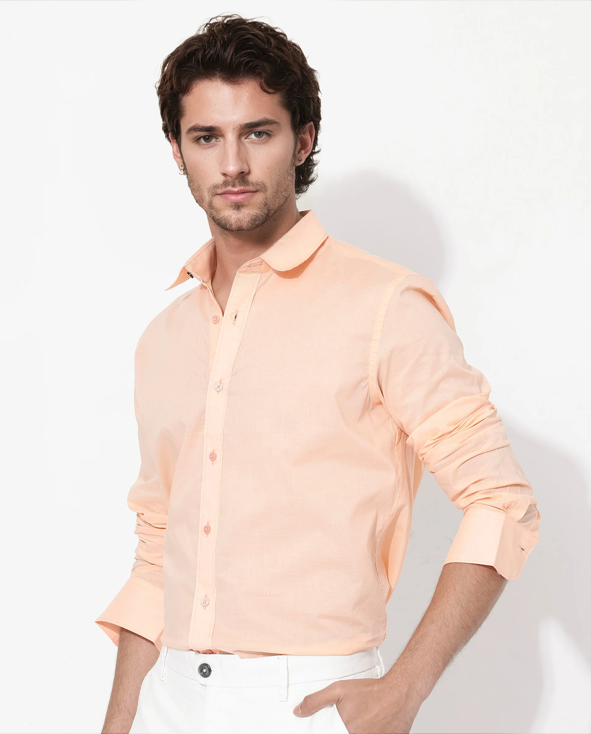 Rare Rabbit Men's Fullsleen Pastel Orange Cotton Plain Regular Fit Full Sleeve Collared Shirt - Image 6