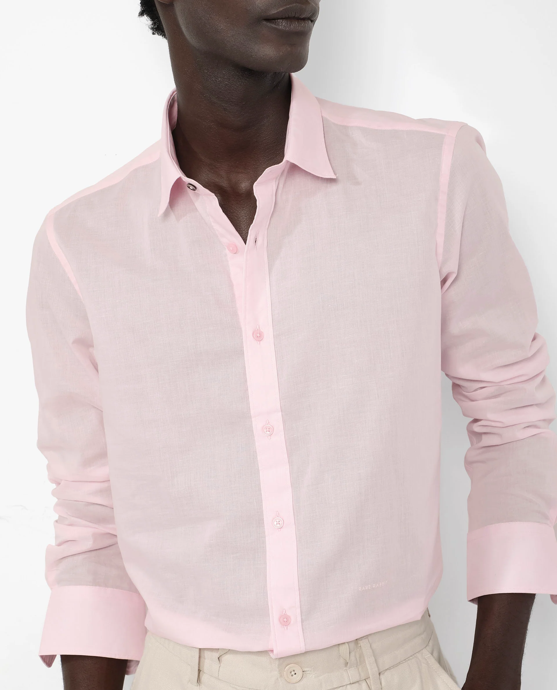 Rare Rabbit Men's Fullsleen Pastel Pink Cotton Plain Regular Fit Full Sleeve Collared Shirt - Image 3