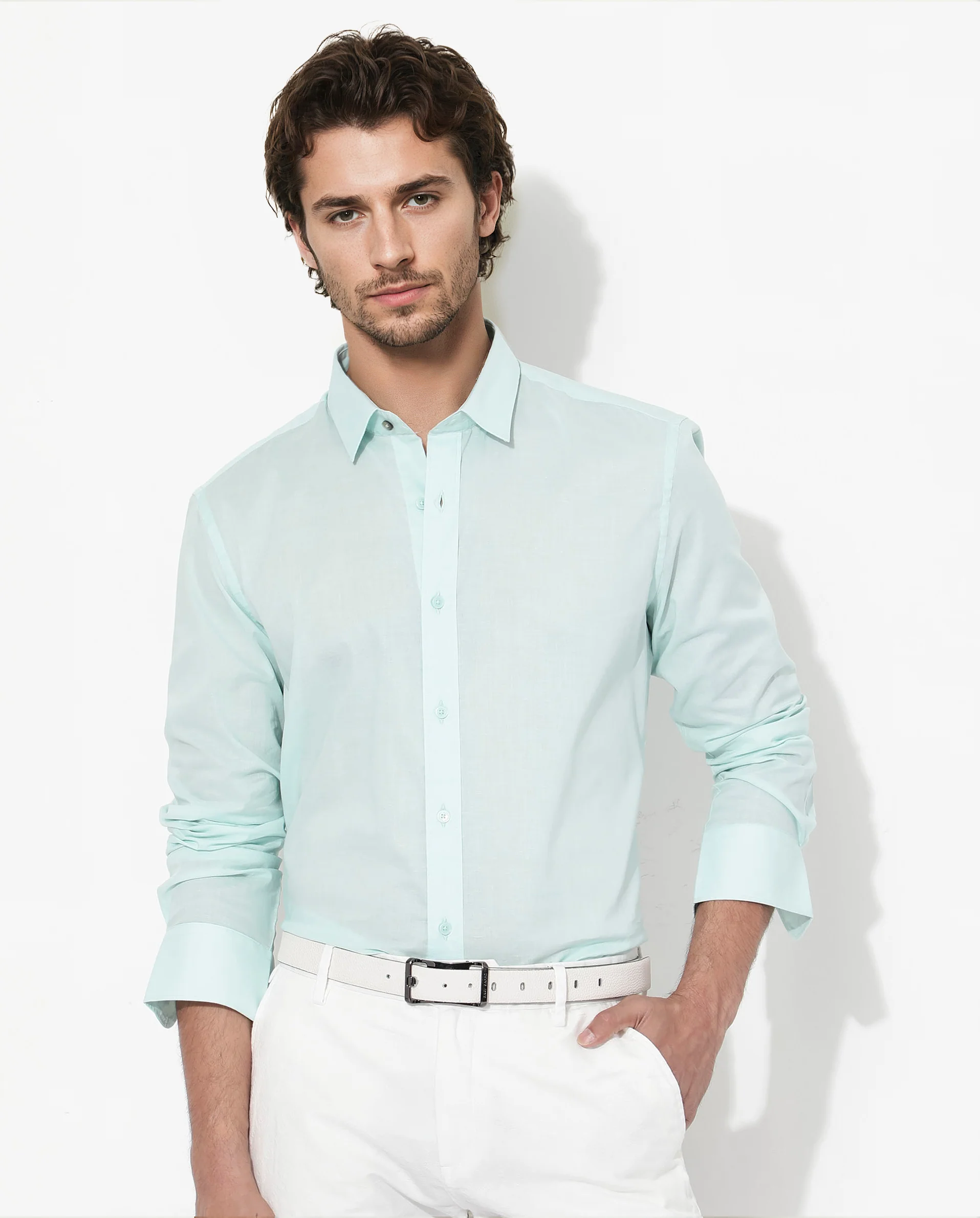 Rare Rabbit Men's Fullsleen Pastel Turq Cotton Plain Regular Fit Full Sleeve Collared Shirt