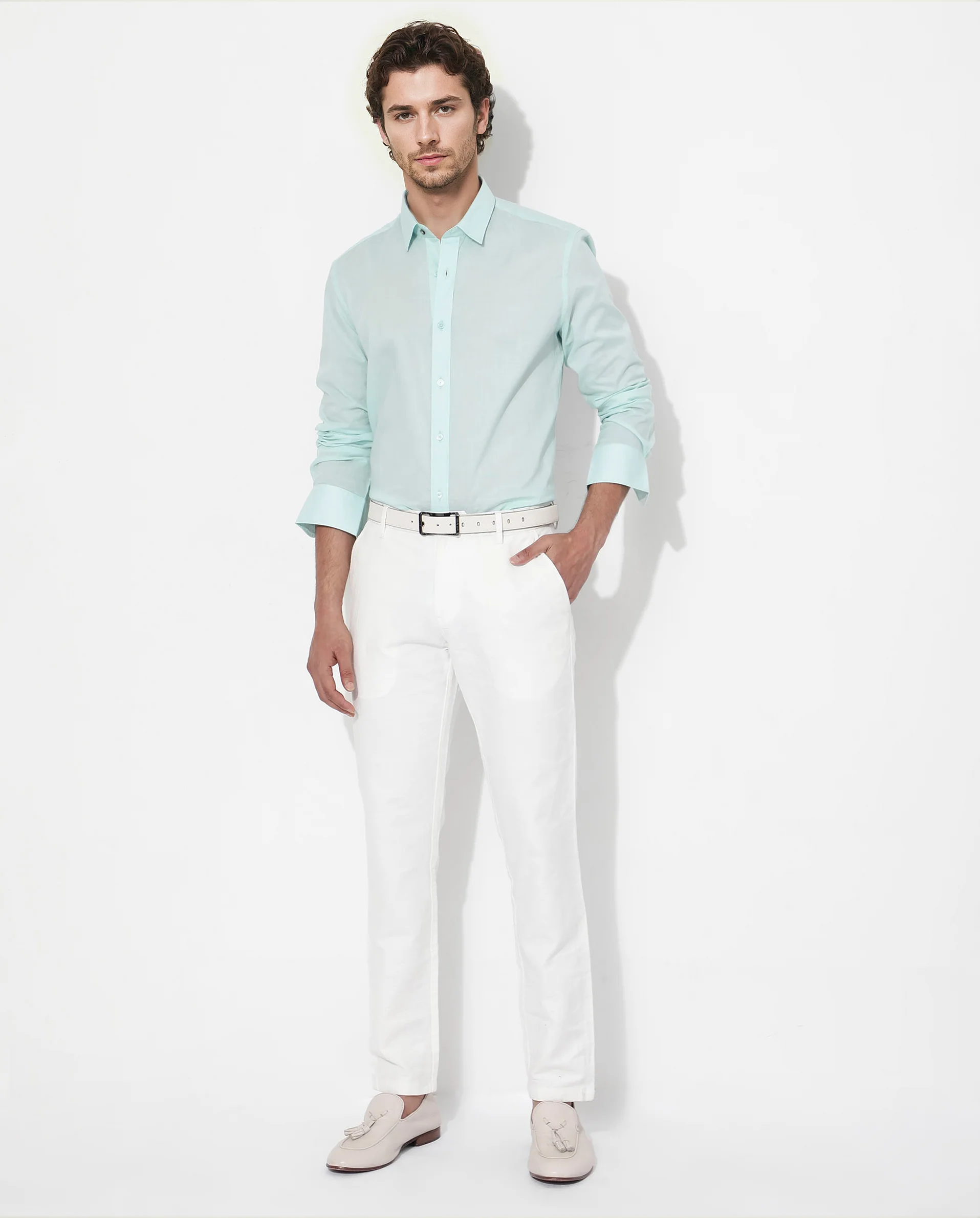 Rare Rabbit Men's Fullsleen Pastel Turq Cotton Plain Regular Fit Full Sleeve Collared Shirt - Image 2