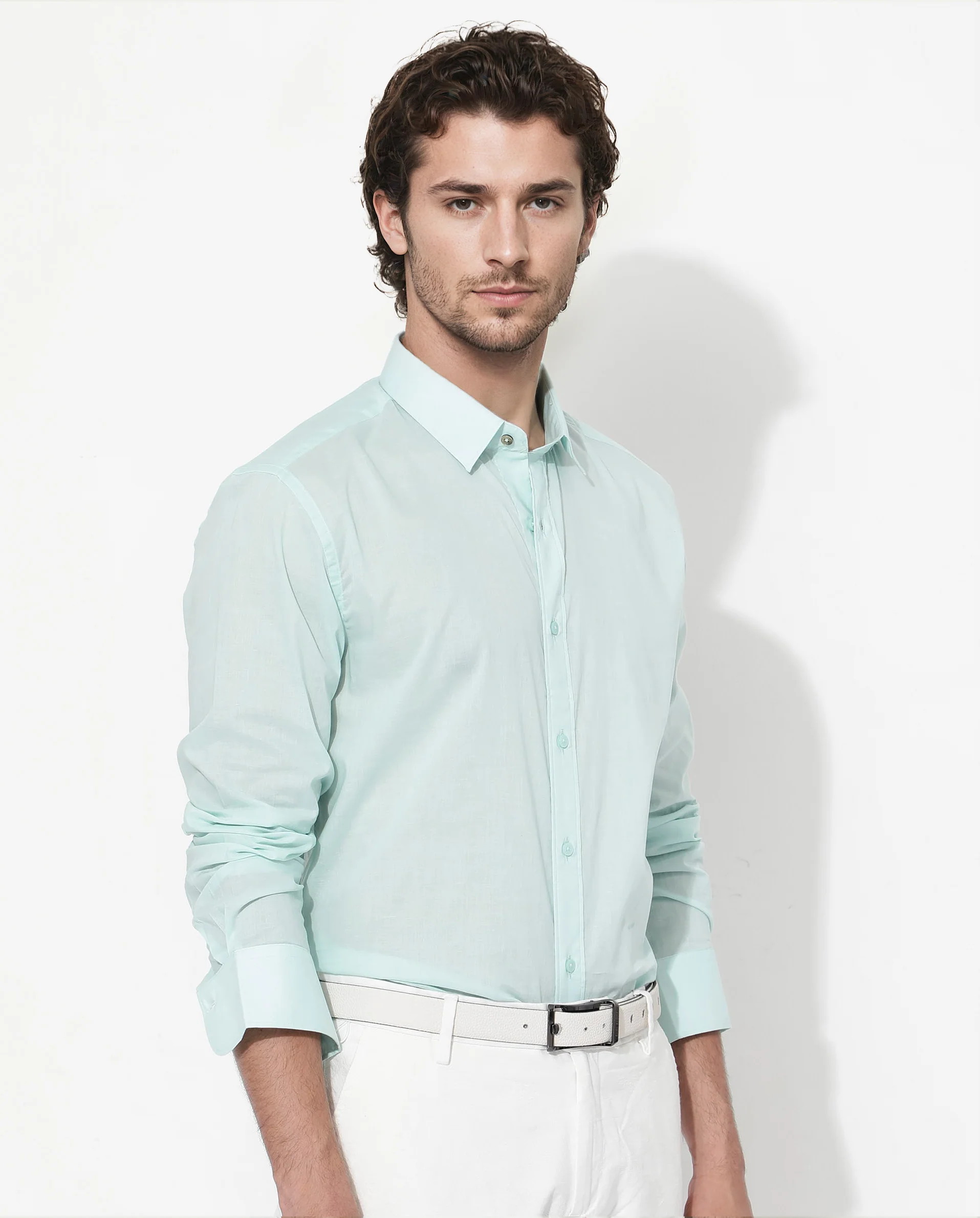 Rare Rabbit Men's Fullsleen Pastel Turq Cotton Plain Regular Fit Full Sleeve Collared Shirt - Image 3