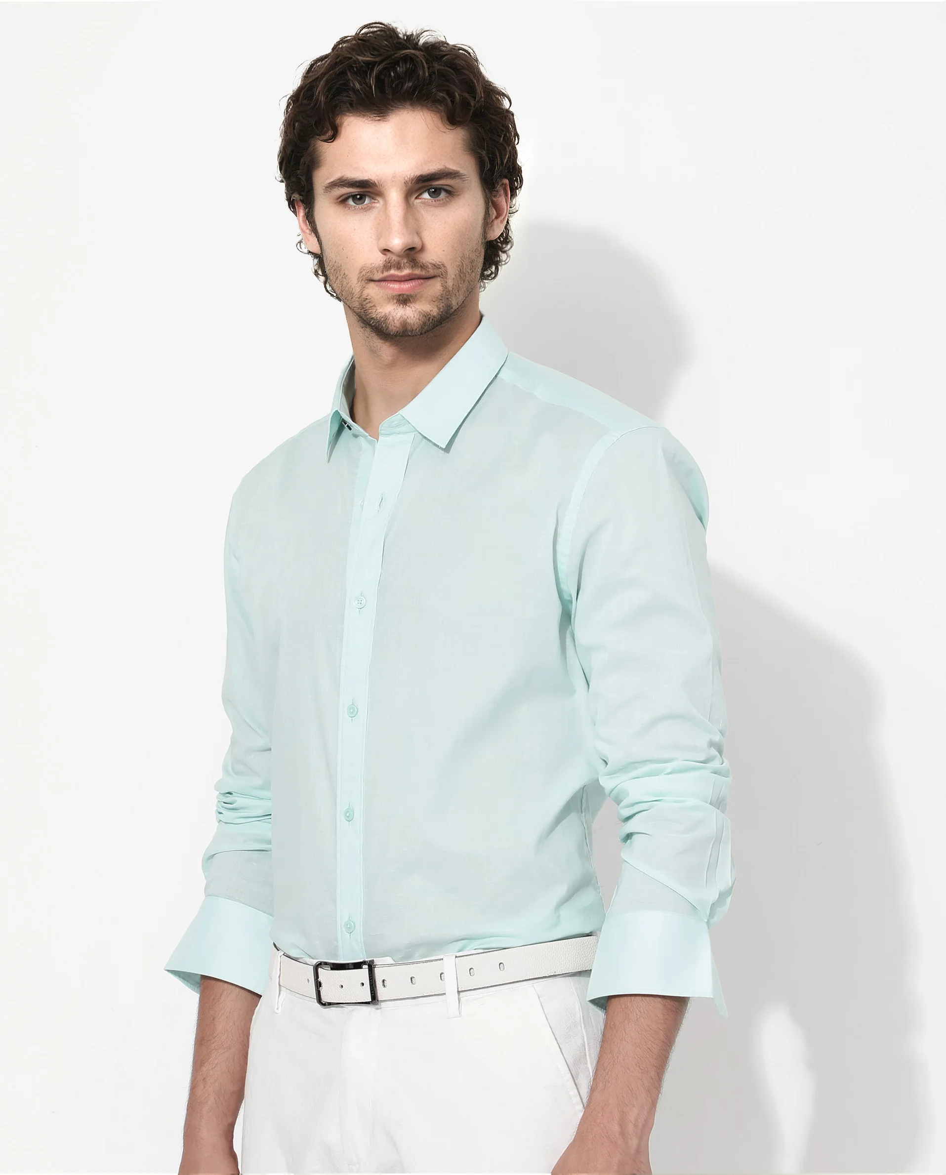 Rare Rabbit Men's Fullsleen Pastel Turq Cotton Plain Regular Fit Full Sleeve Collared Shirt - Image 6