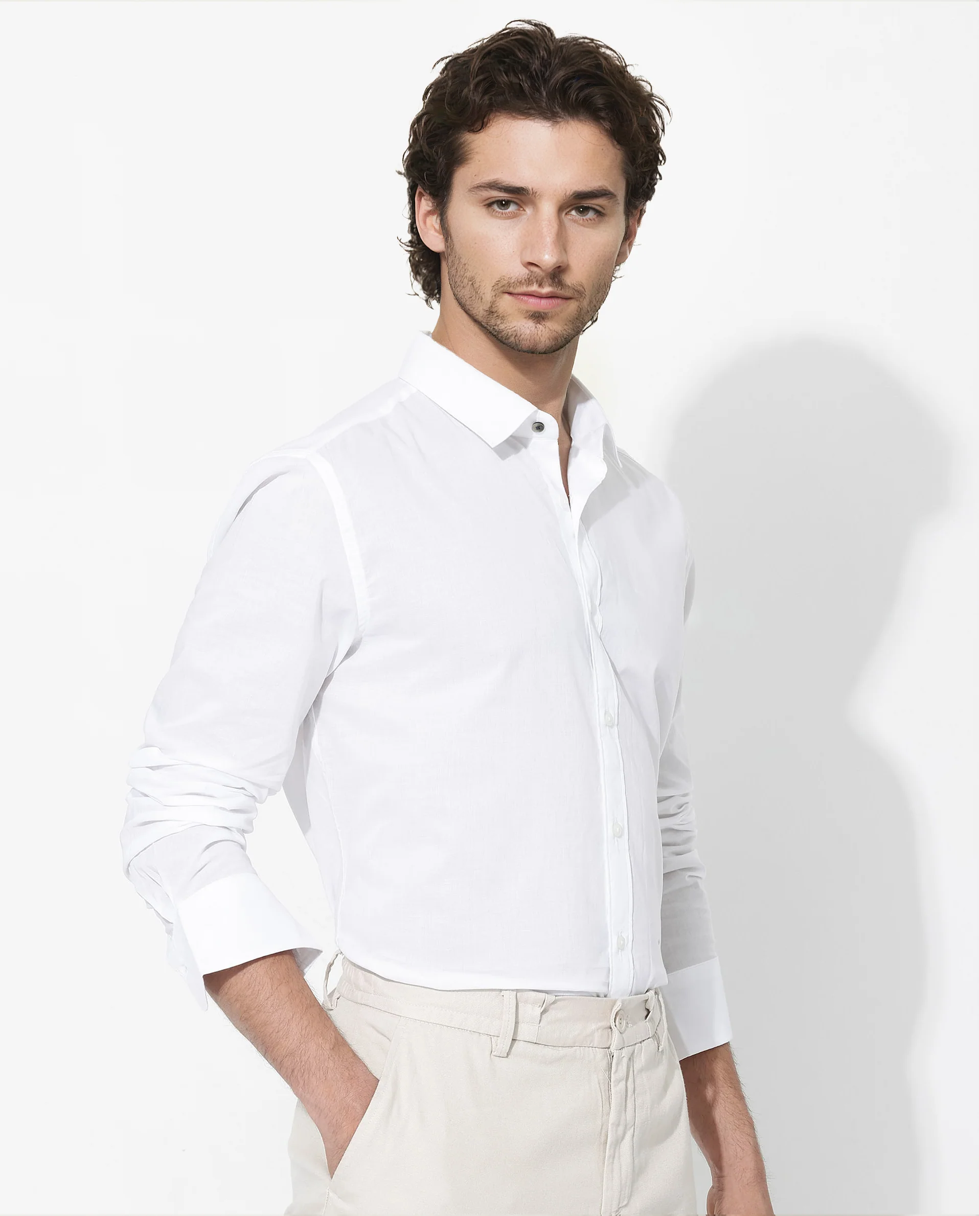 Rare Rabbit Men's Fullsleen White Cotton Plain Regular Fit Full Sleeve Collared Shirt - Image 3