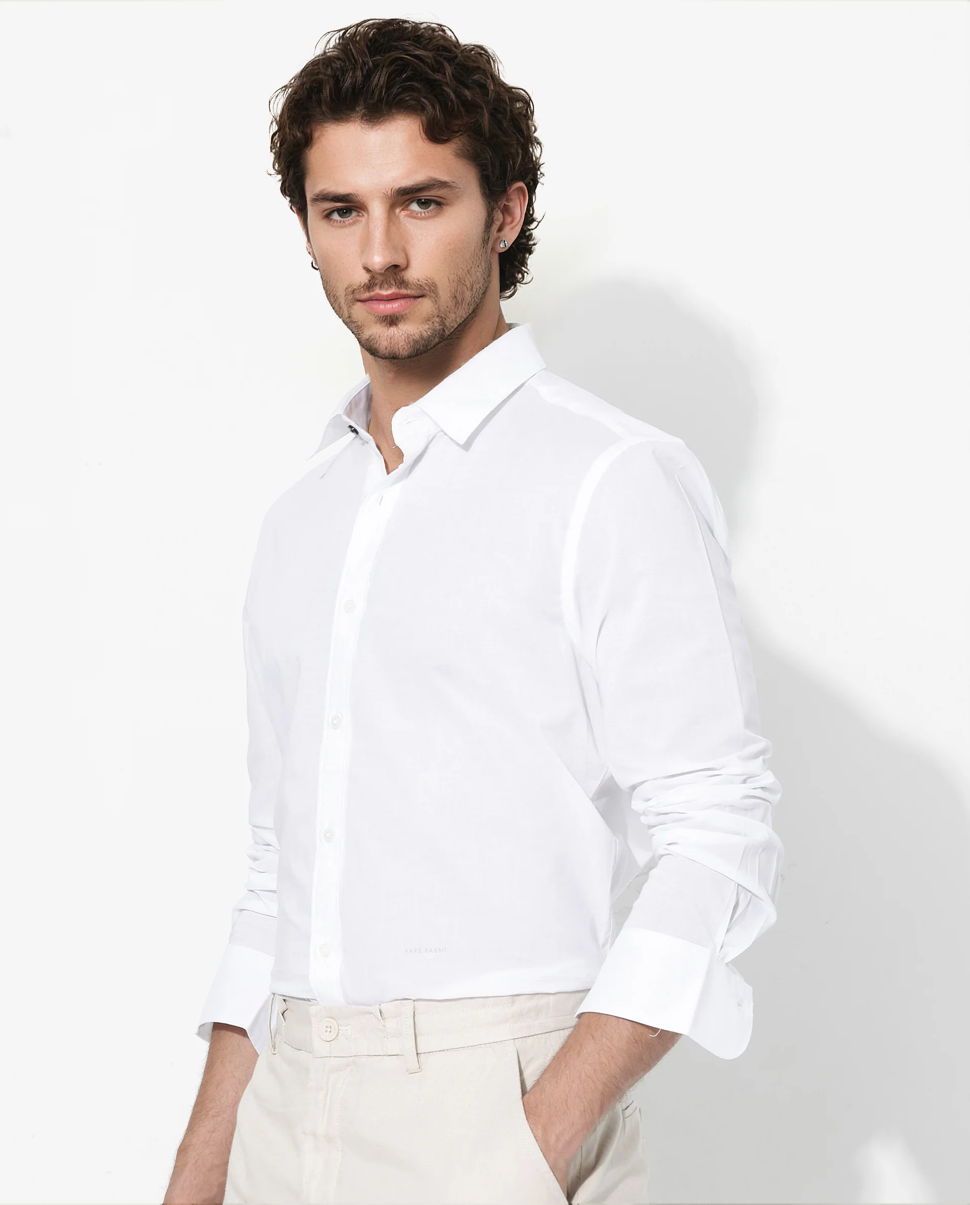 Rare Rabbit Men's Fullsleen White Cotton Plain Regular Fit Full Sleeve Collared Shirt - Image 6