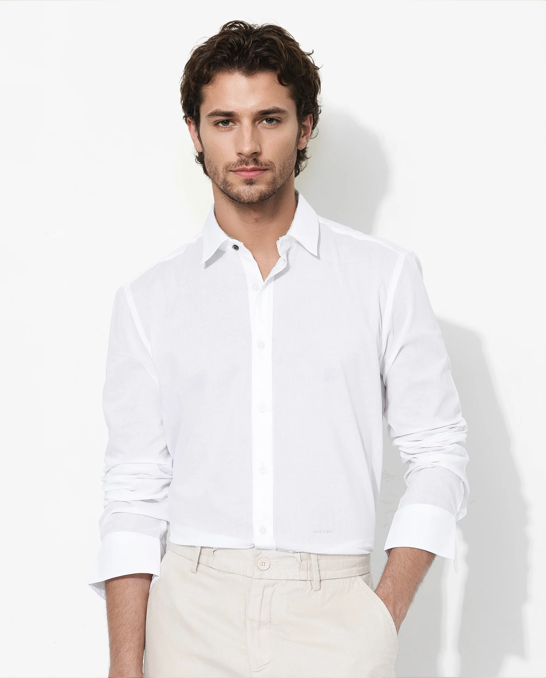 Rare Rabbit Men's Fullsleen White Cotton Plain Regular Fit Full Sleeve Collared Shirt - Image 7