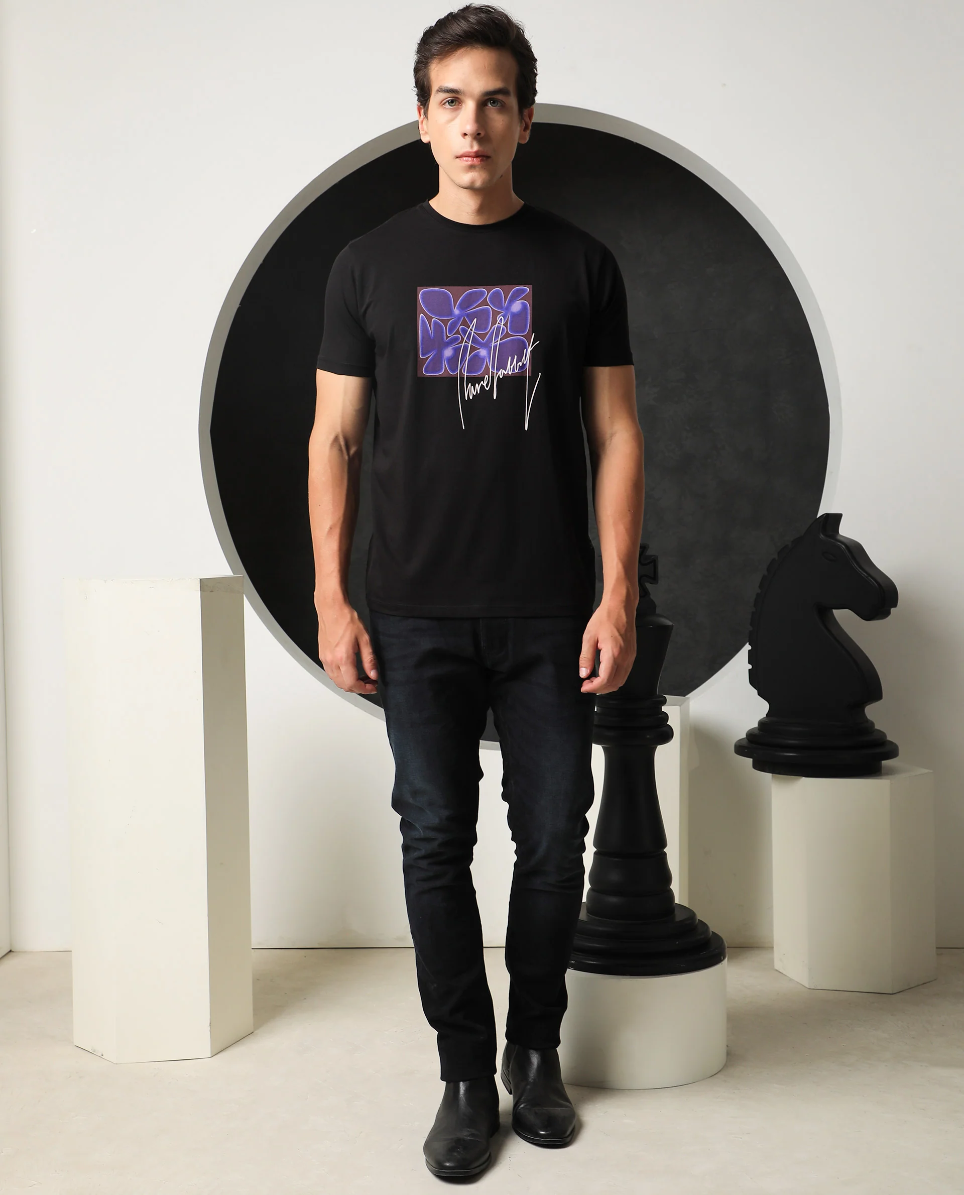 Rare Rabbit Men's Fulton Black Cotton Graphic Print Slim Fit Half Sleeve Crew Neck T-Shirt - Image 2