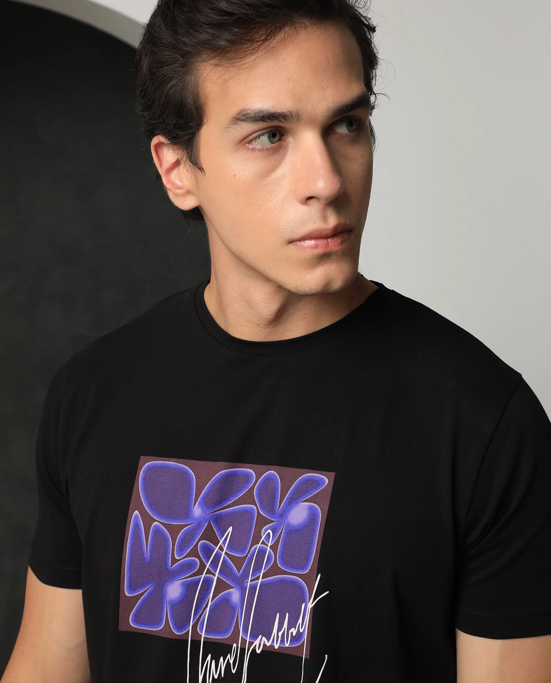 Rare Rabbit Men's Fulton Black Cotton Graphic Print Slim Fit Half Sleeve Crew Neck T-Shirt - Image 3