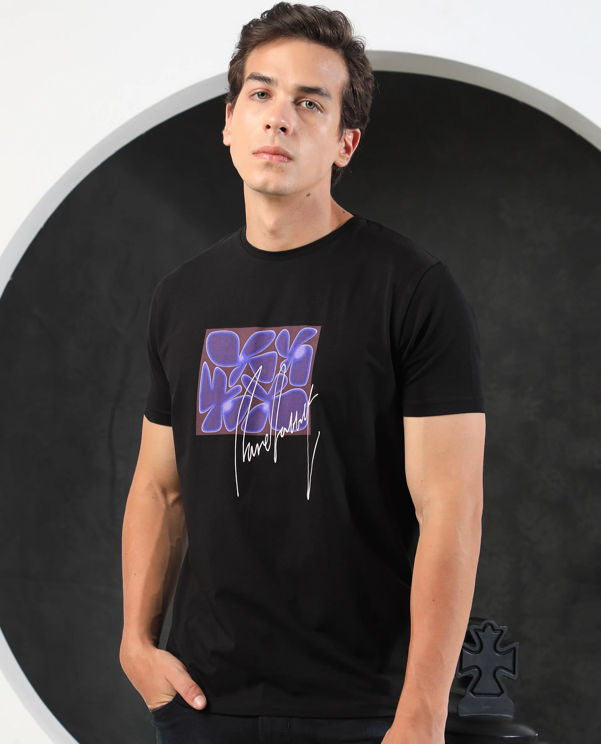 Rare Rabbit Men's Fulton Black Cotton Graphic Print Slim Fit Half Sleeve Crew Neck T-Shirt - Image 4