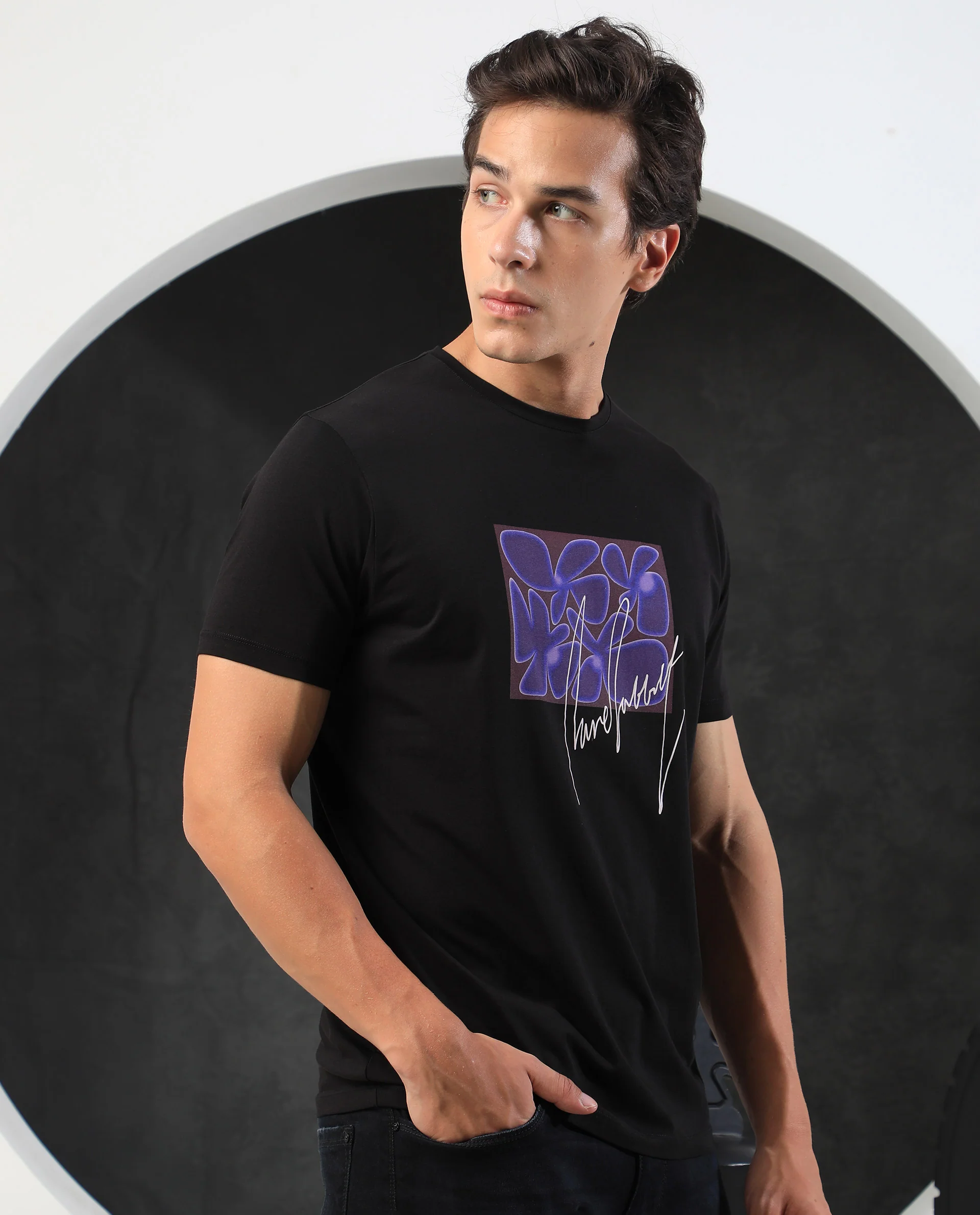 Rare Rabbit Men's Fulton Black Cotton Graphic Print Slim Fit Half Sleeve Crew Neck T-Shirt - Image 6