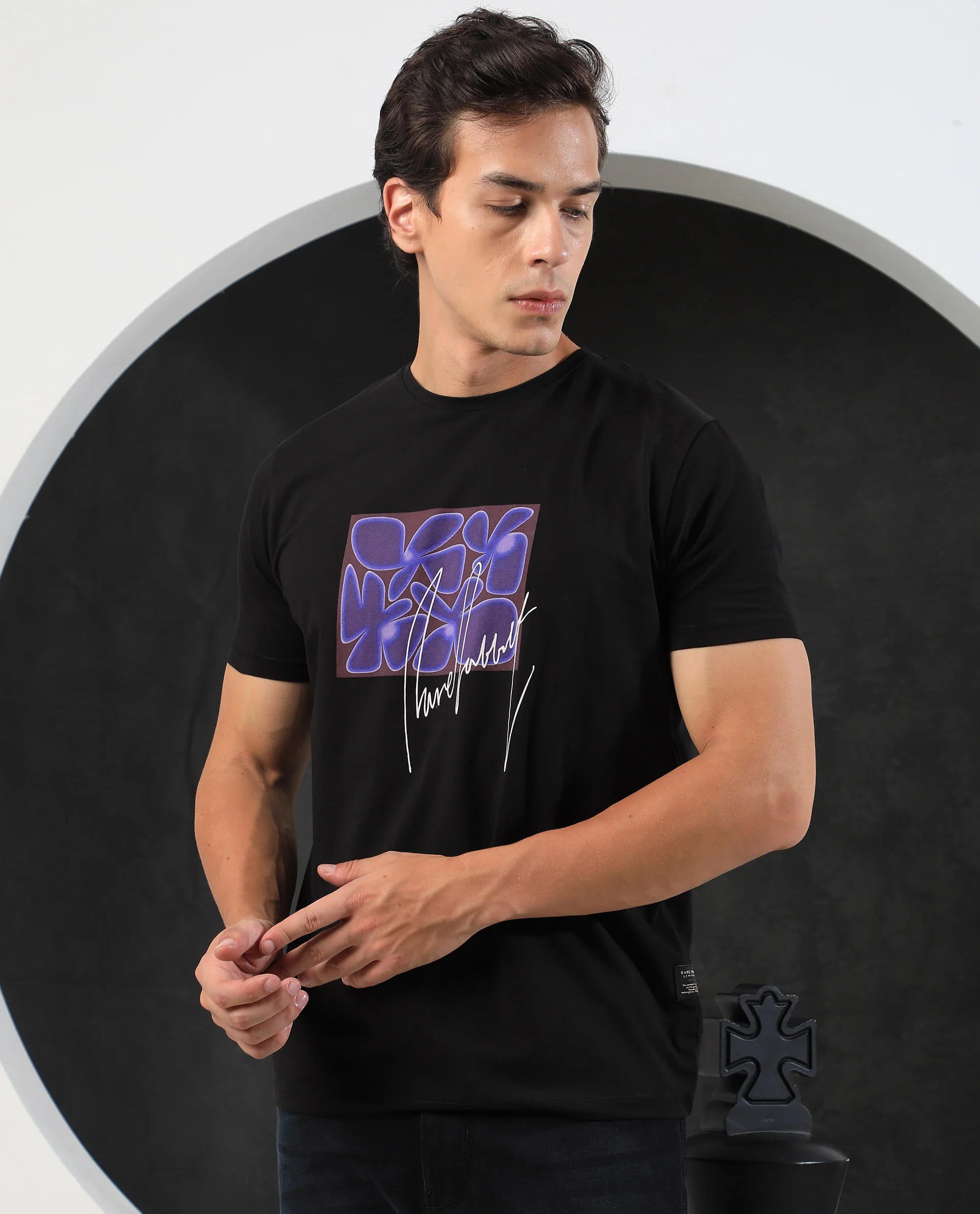 Rare Rabbit Men's Fulton Black Cotton Graphic Print Slim Fit Half Sleeve Crew Neck T-Shirt - Image 7