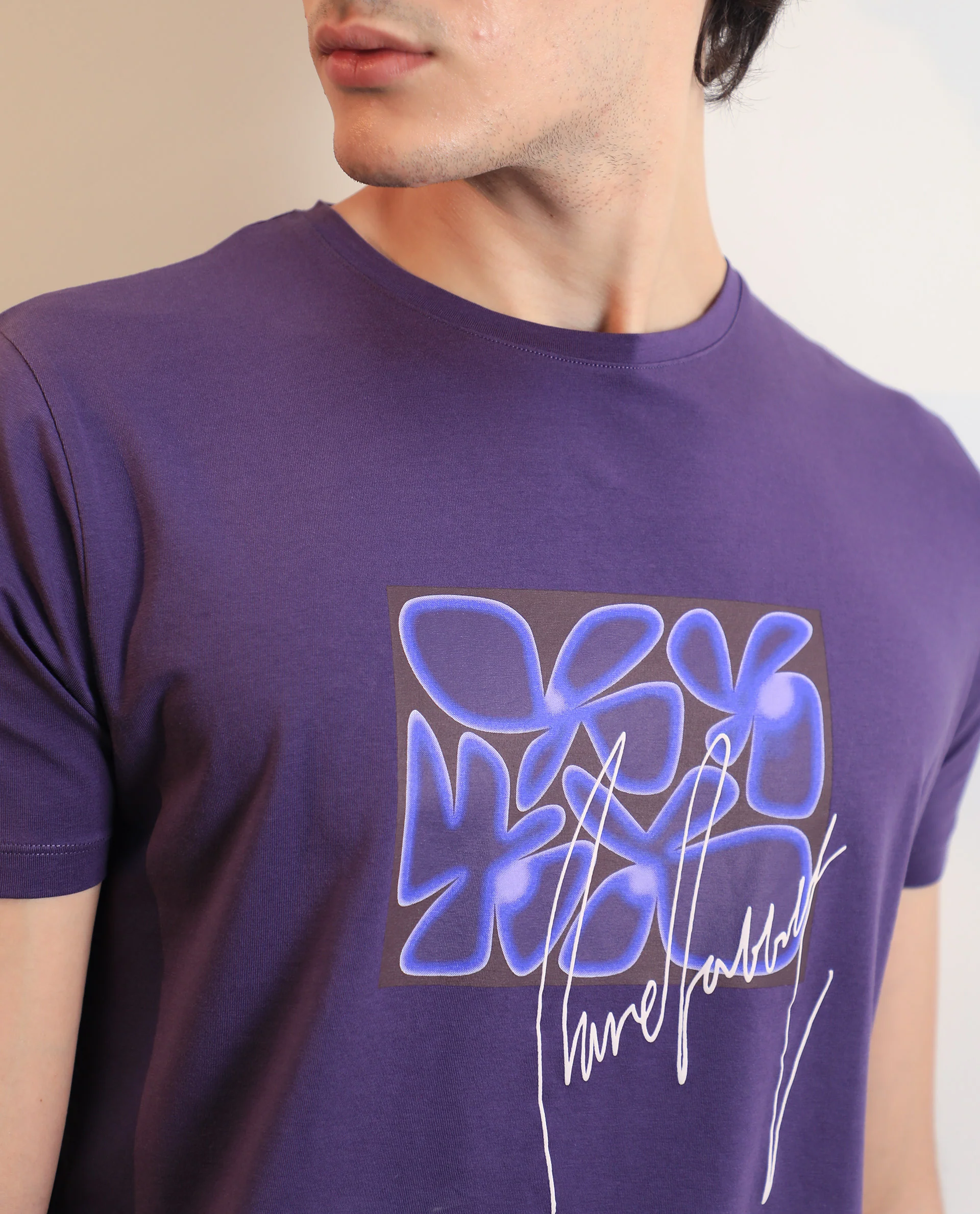Rare Rabbit Men's Fulton Purple Cotton Graphic Print Slim Fit Half Sleeve Crew Neck T-Shirt - Image 2