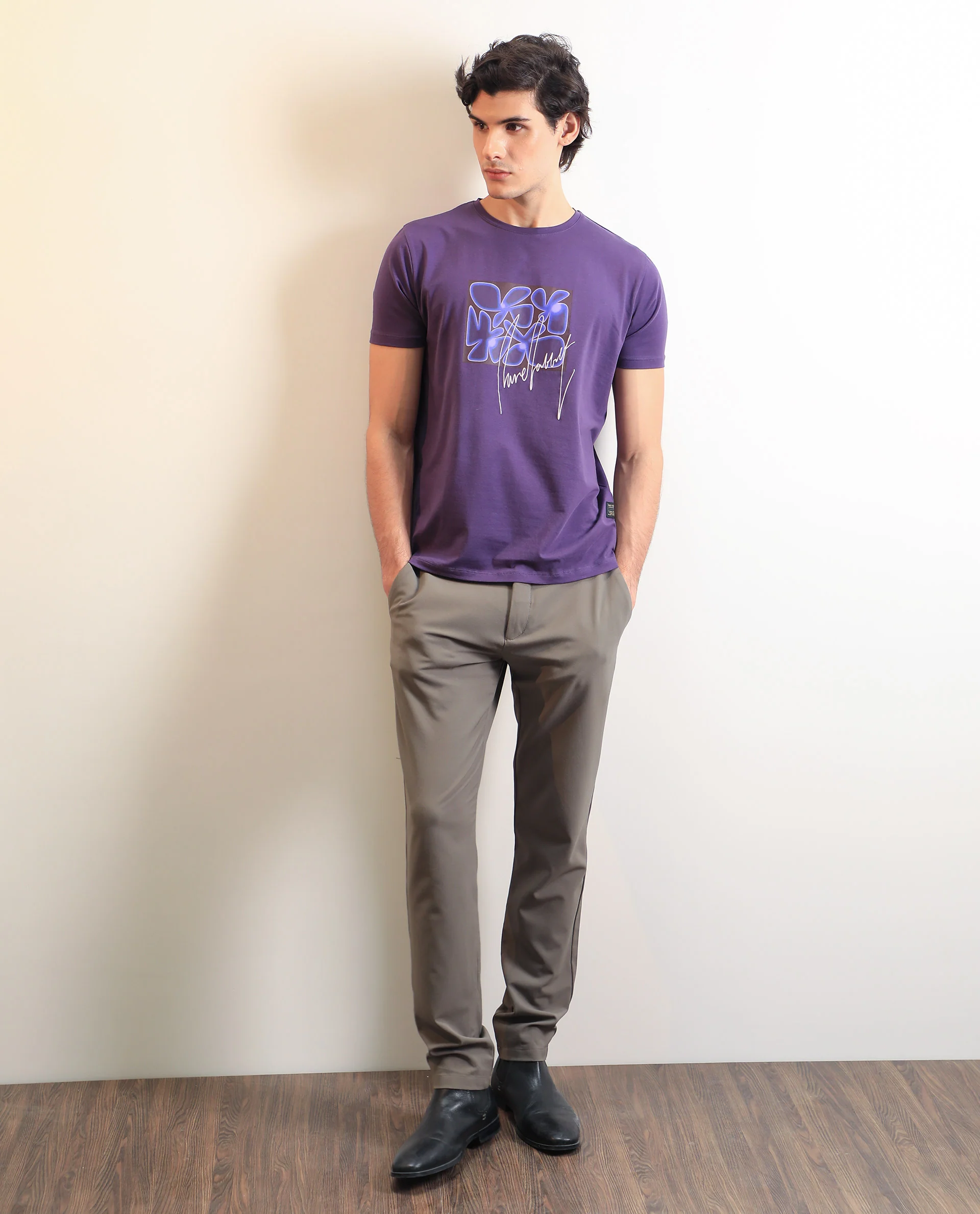 Rare Rabbit Men's Fulton Purple Cotton Graphic Print Slim Fit Half Sleeve Crew Neck T-Shirt - Image 3