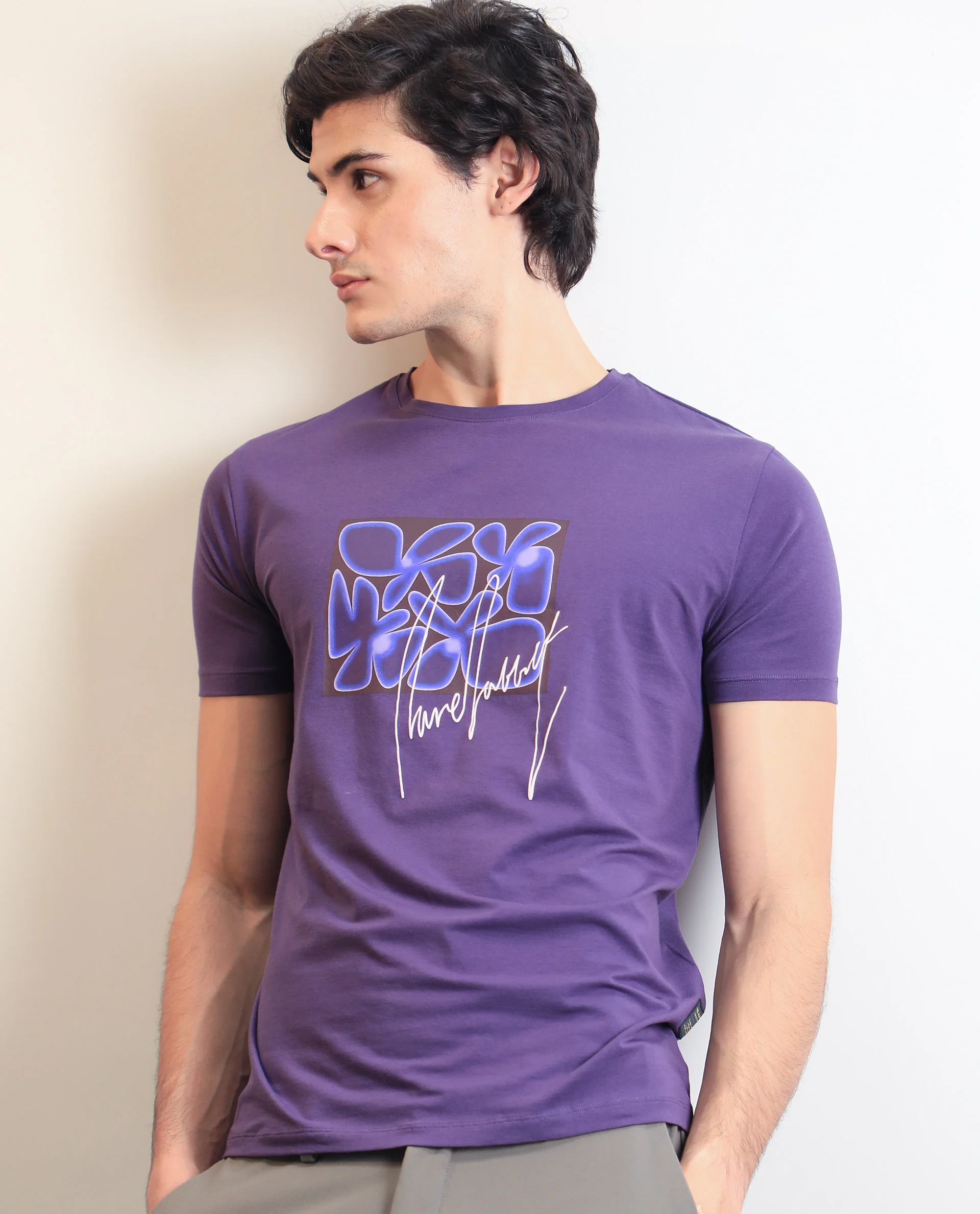 Rare Rabbit Men's Fulton Purple Cotton Graphic Print Slim Fit Half Sleeve Crew Neck T-Shirt - Image 4