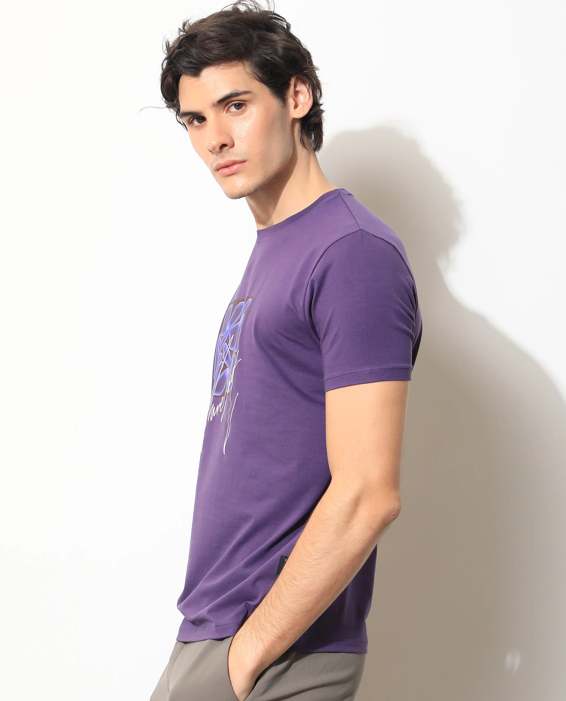 Rare Rabbit Men's Fulton Purple Cotton Graphic Print Slim Fit Half Sleeve Crew Neck T-Shirt - Image 5