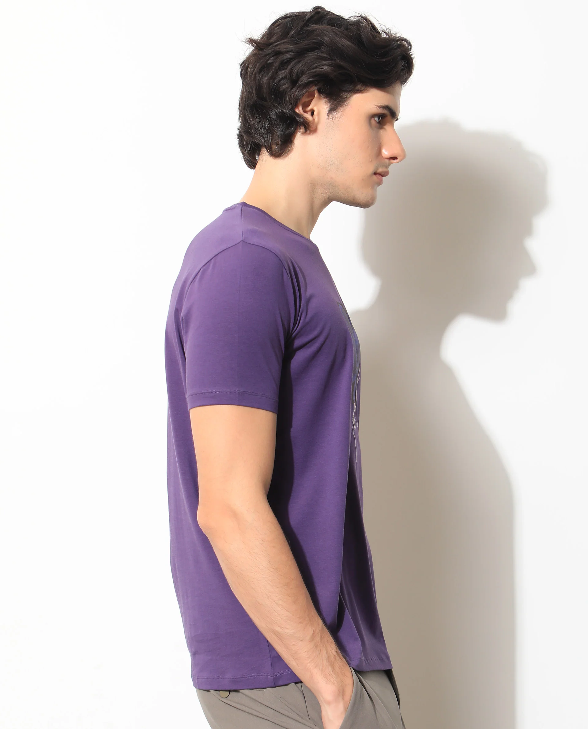 Rare Rabbit Men's Fulton Purple Cotton Graphic Print Slim Fit Half Sleeve Crew Neck T-Shirt - Image 6