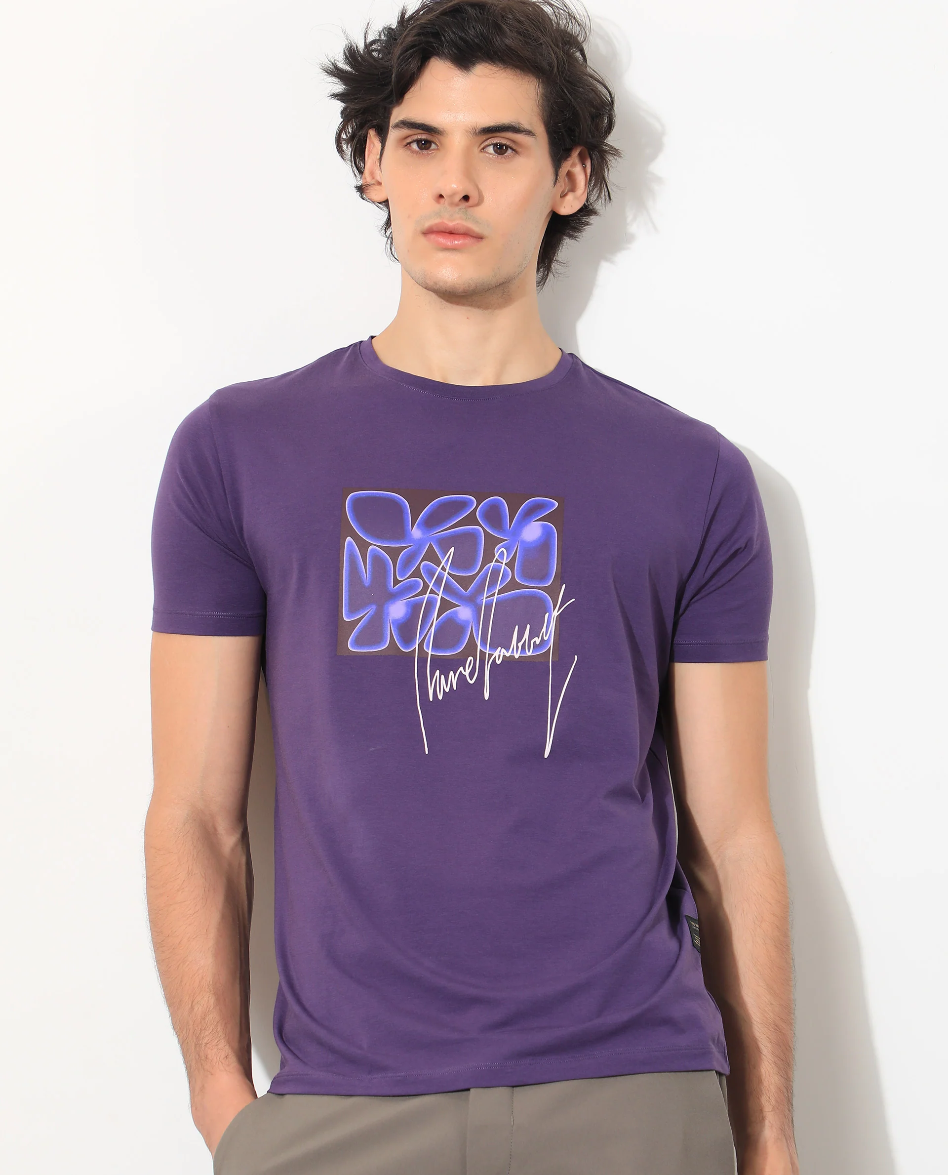 Rare Rabbit Men's Fulton Purple Cotton Graphic Print Slim Fit Half Sleeve Crew Neck T-Shirt - Image 7