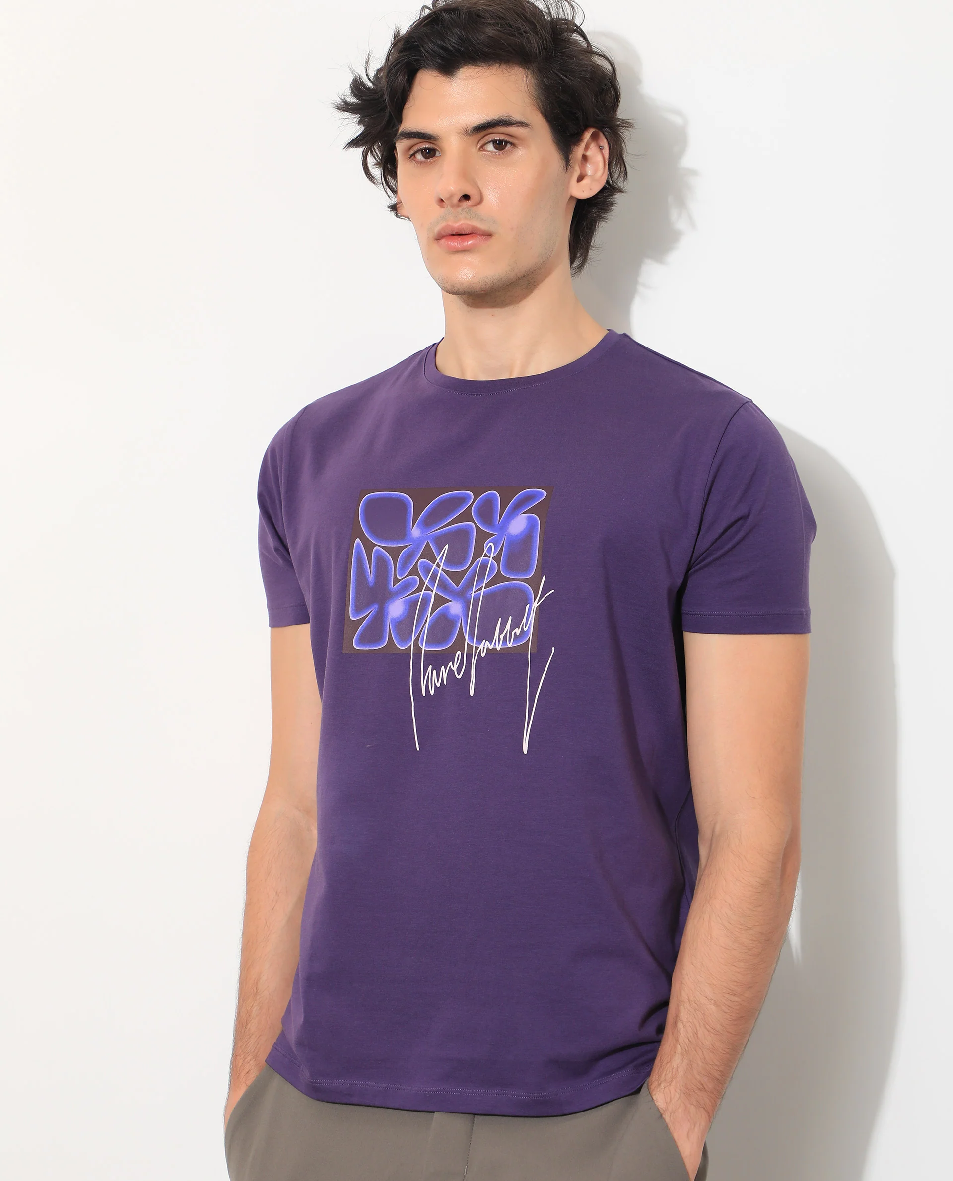 Rare Rabbit Men's Fulton Purple Cotton Graphic Print Slim Fit Half Sleeve Crew Neck T-Shirt - Image 8
