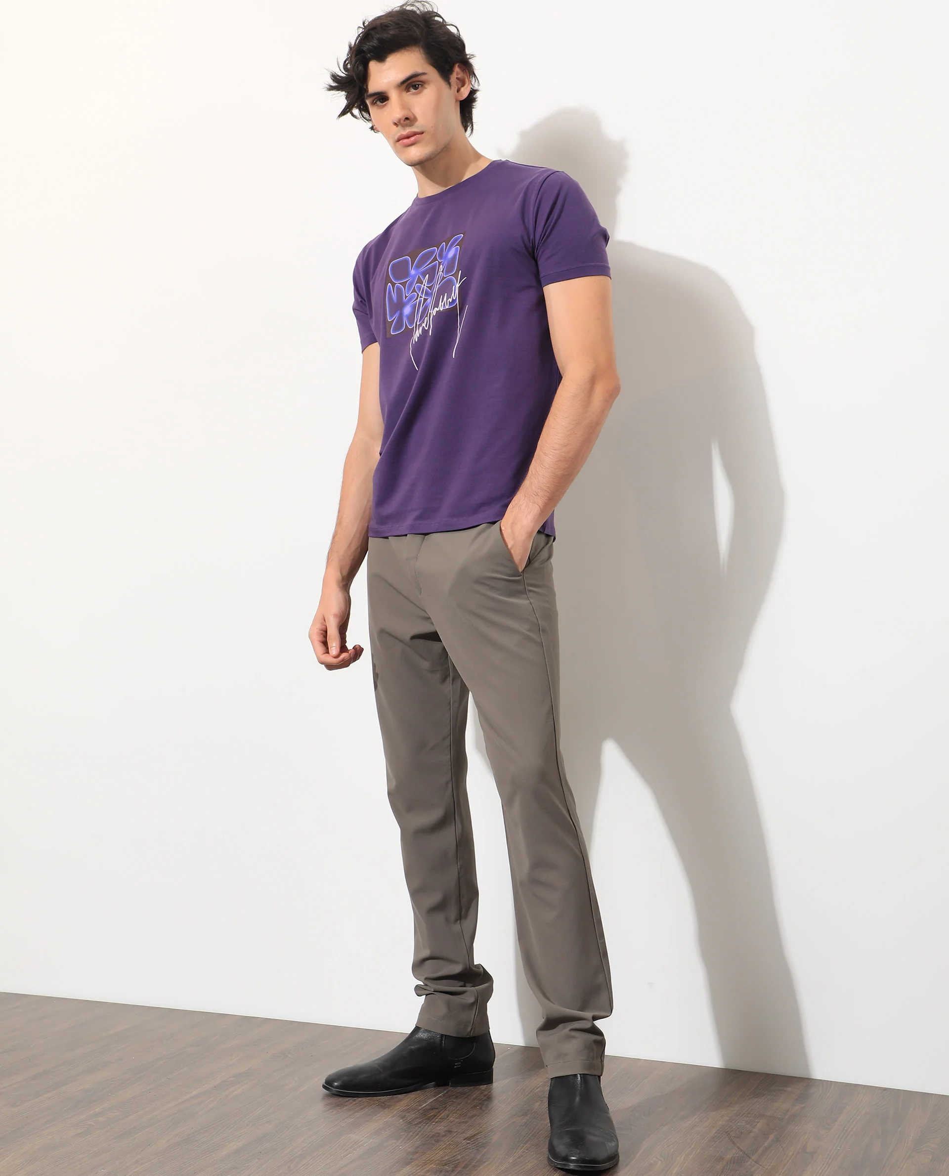 Rare Rabbit Men's Fulton Purple Cotton Graphic Print Slim Fit Half Sleeve Crew Neck T-Shirt - Image 9