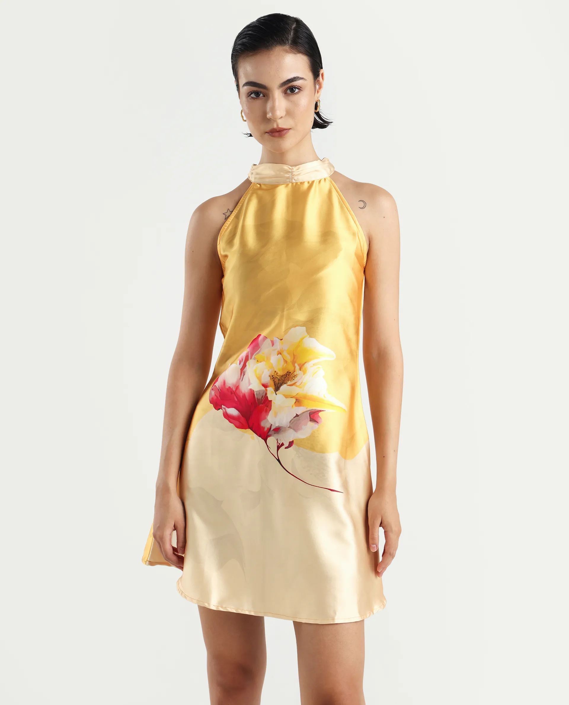Rareism Women's Fumero Yellow Polyester Halter Neck Floral Print Sleeveless Mini Straight Fit Dress - Image 3