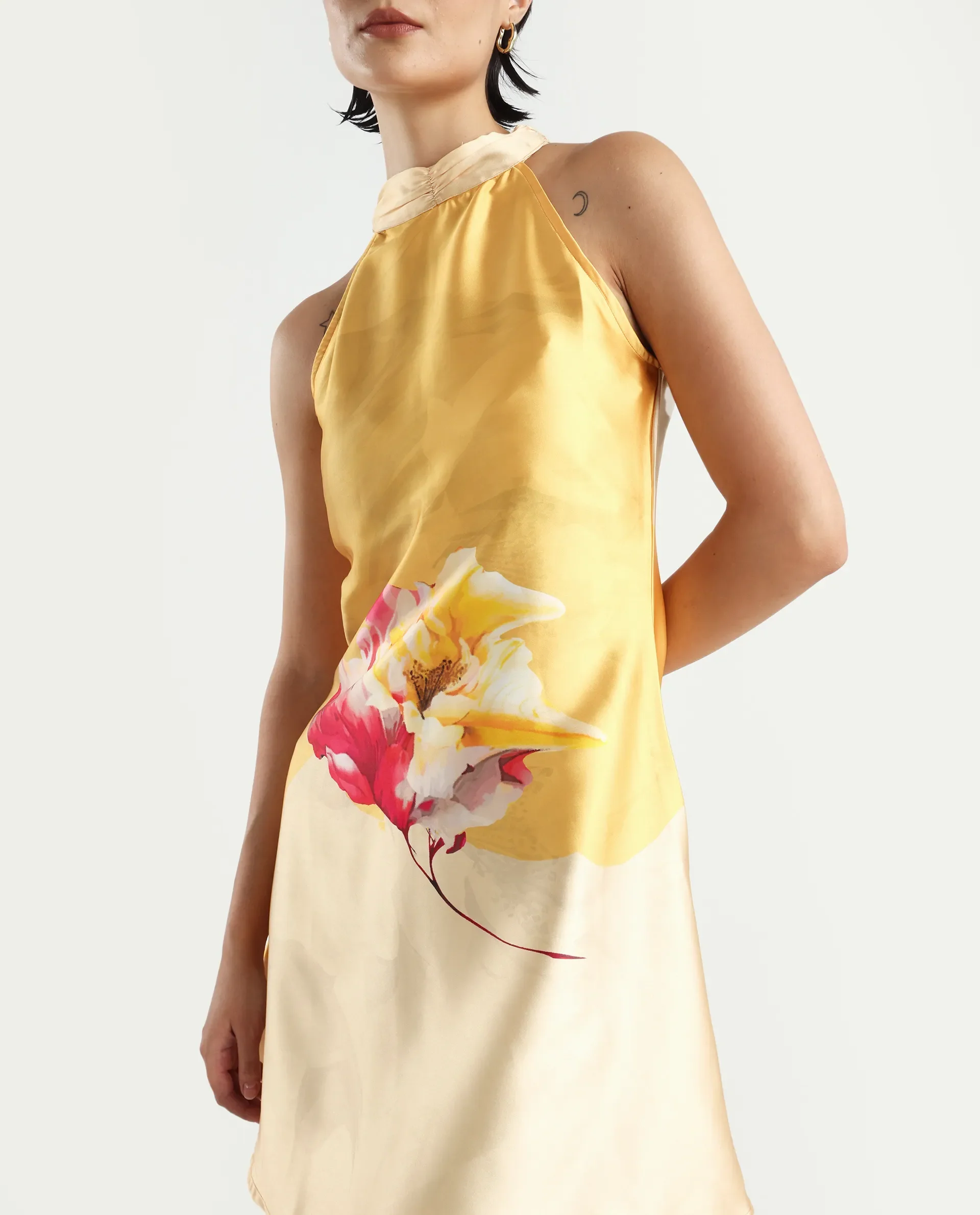 Rareism Women's Fumero Yellow Polyester Halter Neck Floral Print Sleeveless Mini Straight Fit Dress - Image 4