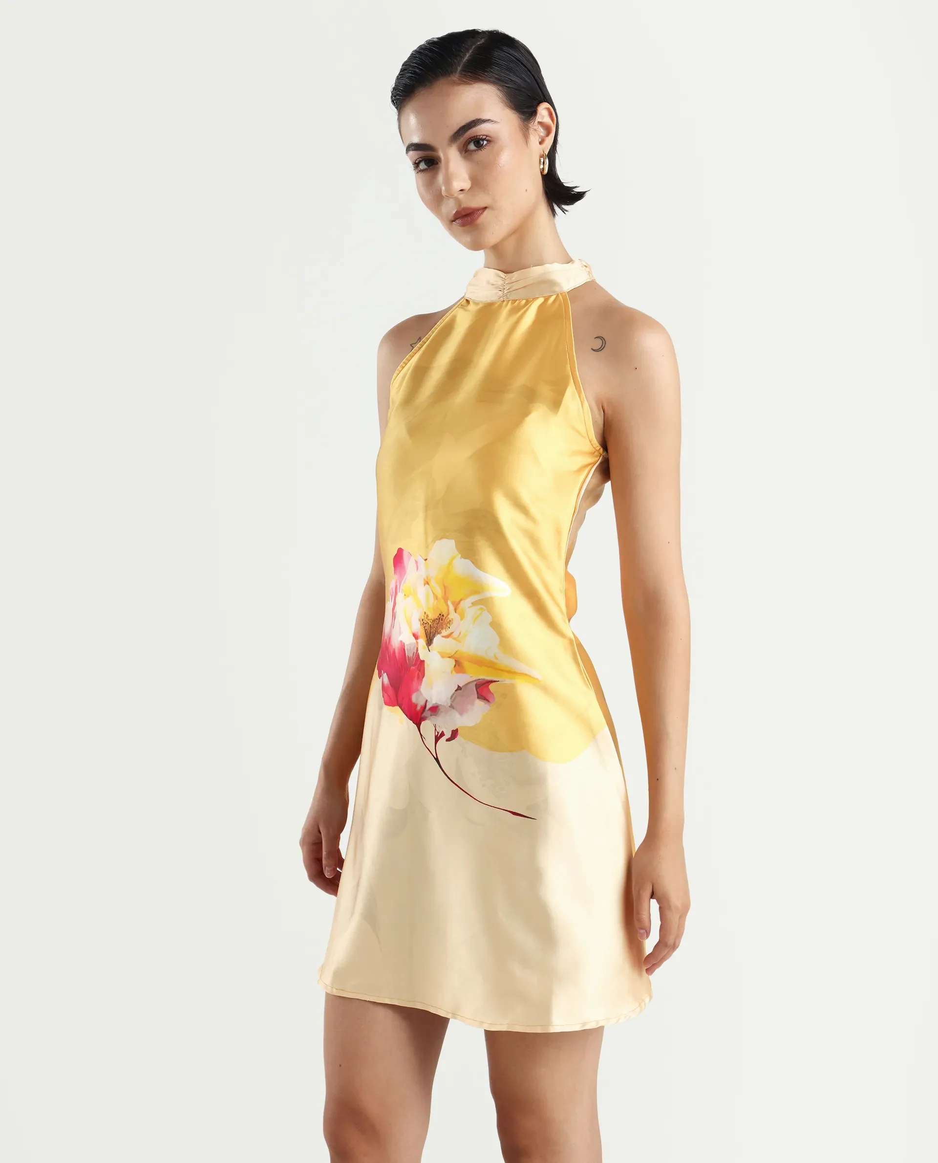 Rareism Women's Fumero Yellow Polyester Halter Neck Floral Print Sleeveless Mini Straight Fit Dress - Image 6