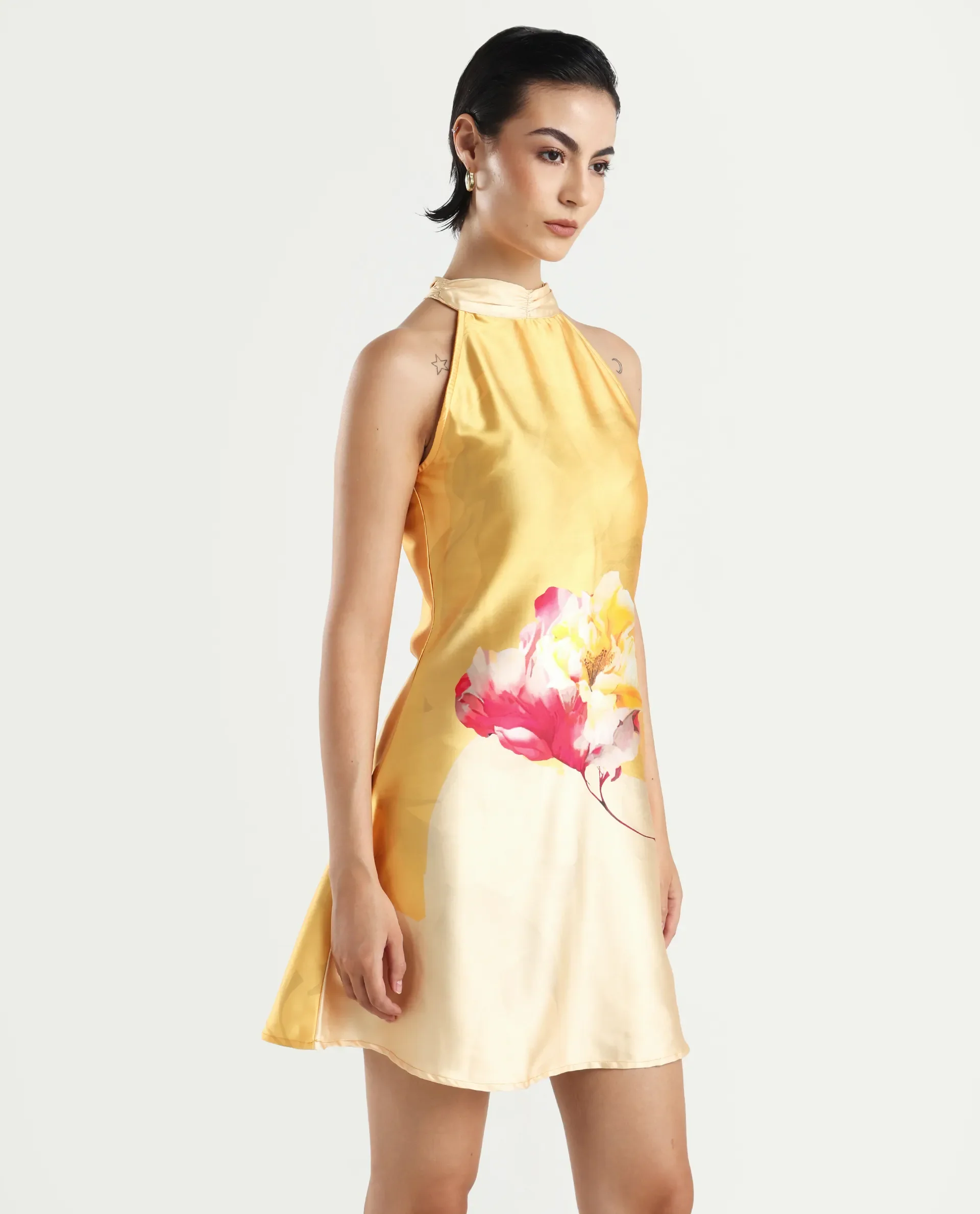 Rareism Women's Fumero Yellow Polyester Halter Neck Floral Print Sleeveless Mini Straight Fit Dress - Image 7