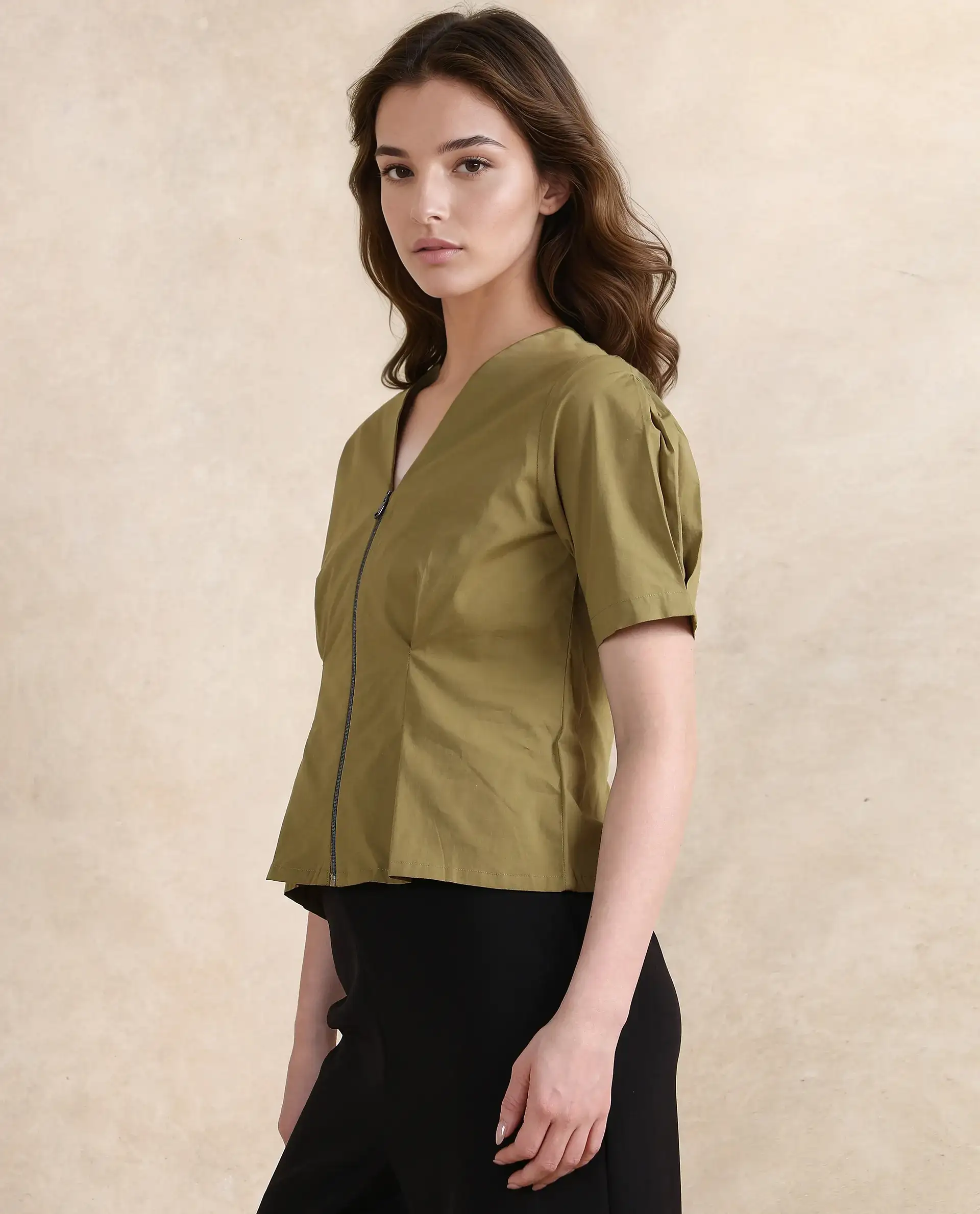 Rareism Women's Funit Dusky Olive Cotton Blend V-Neck Plain Fashion Sleeve Crop Regular Fit Top - Image 3