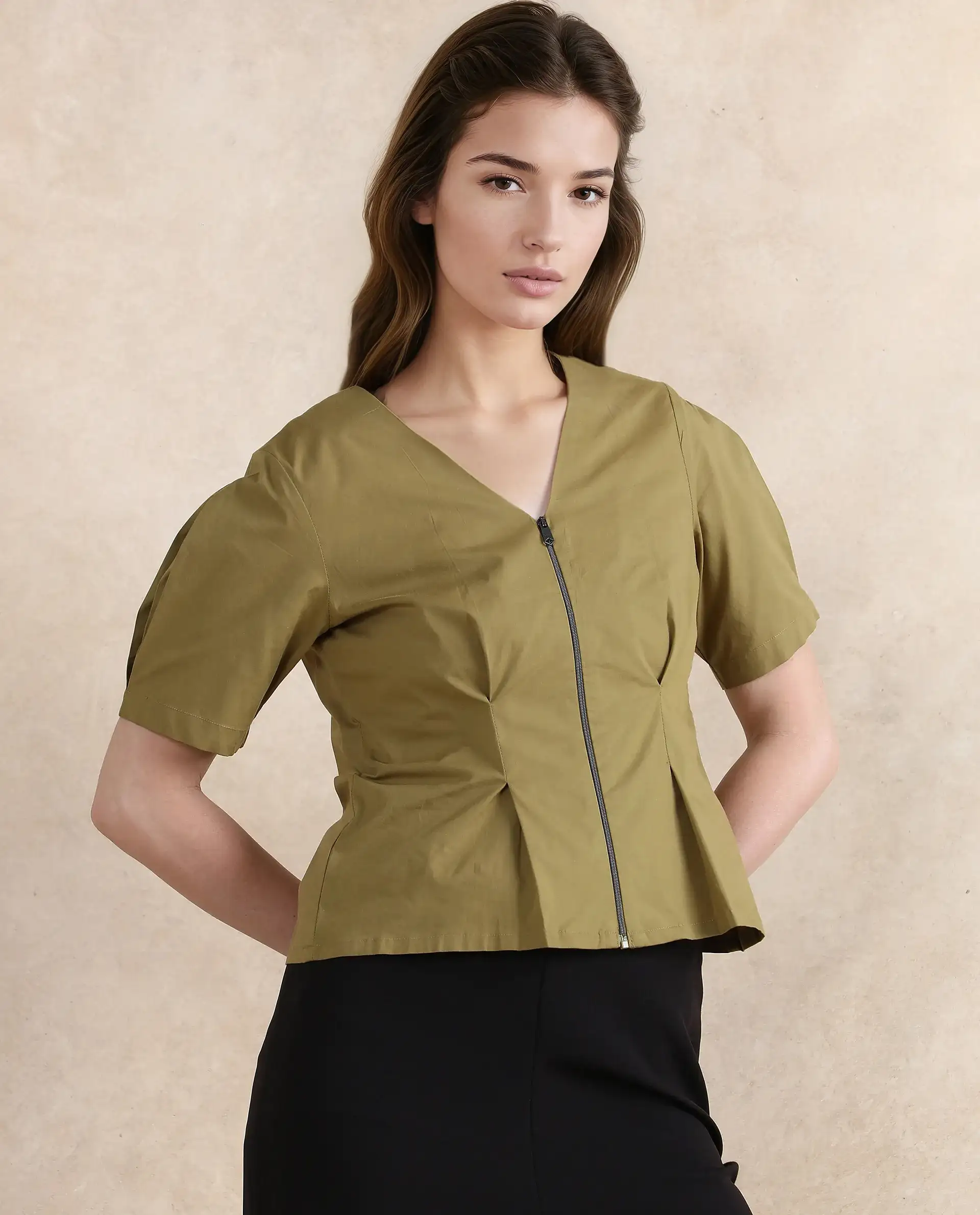 Rareism Women's Funit Dusky Olive Cotton Blend V-Neck Plain Fashion Sleeve Crop Regular Fit Top - Image 4